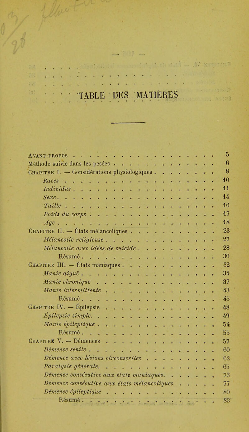 TABLE DES MATIÈRES Avant-propos 5 Méthode suivie dans les pesées 6 Chapitre I. — Considérations physiologiques 8 Races 40 Individus 11 Sexe 14 Taille 16 Poids du corps 17 Jge 18 Chapitre II. — États mélancoliques . 23 Mélancolie religieuse 27 Mélancolie avec idées de suicide 28 Résumé . 30 Chapitre III. — États maniaques 32 Manie aiguë 34 Manie chronique 37 Manie intermittente 43 ' Résumé 45 Chapitre IV. — Épilepsie 48 Épilepsie simple 49 Manie épileptique 54 Résumé 55 GiiAPiTRB V. — Démences 57 Démence sénile 60 Démence avec lésions circonsci'iles 62 Par'alijsie générale ; . . . . 65 Démence consécutive aux états maniaques 73 Démence consécutive aux états mélancoliques 77 Démence épileptique 80 Résumé 83