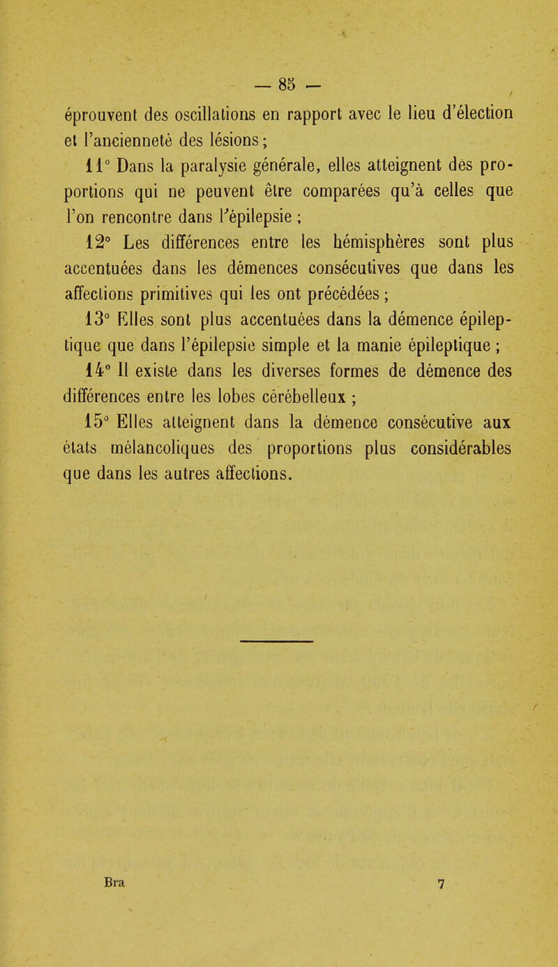 éprouvent des oscillations en rapport avec le lieu d'élection el l'ancienneté des lésions ; 11° Dans la paralysie générale, elles atteignent dés pro- portions qui ne peuvent être comparées qu'à celles que l'on rencontre dans l''épilepsie ; 12° Les différences entre les hémisphères sont plus accentuées dans les démences consécutives que dans les affections primitives qui les ont précédées ; 13° Elles sont plus accentuées dans la démence épilep- tique que dans l'épilepsie simple et la manie épileplique ; 14° H existe dans les diverses formes de démence des différences entre les lobes cérébelleux ; 15^ Elles atteignent dans la démence consécutive aux états mélancoliques des proportions plus considérables que dans les autres affections. Bra 7