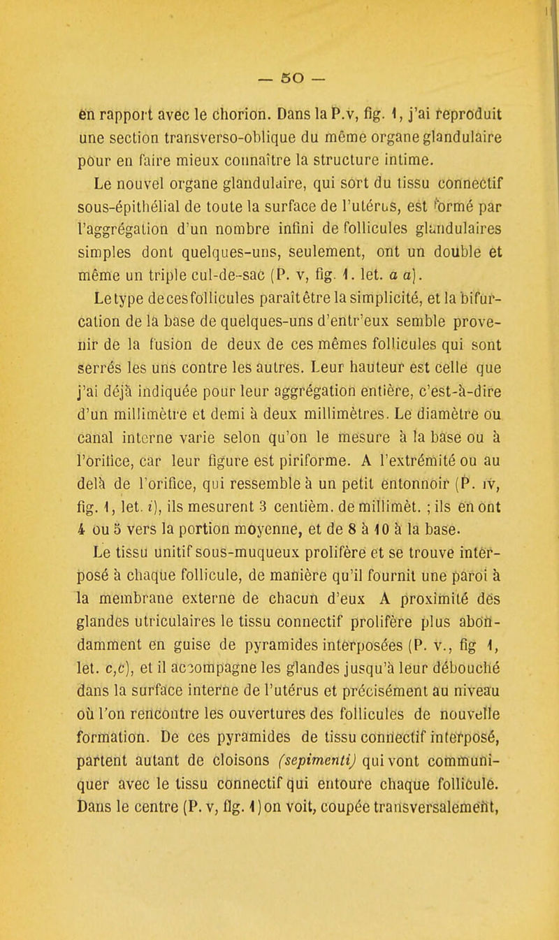 en rapport avec le cliorion. Dans la P.v, fig. \, j'ai reproduit une section transverso-oblique du même organe glandulaire pôur en faire mieux connaître la structure intime. Le nouvel organe glandulaire, qui sort du tissu connectif sous-épithélial de toute la surface de l'utérus, est 'ormé par l'aggrégation d'un nombre infini de follicules glandulaires simples dont quelques-uns, seulement, ont un double et même un triple cul-de-sac (P. v, fig. -1. let. a a]. Le type decesfollicules paraît être la simplicité, et la bifur- cation de la base de quelques-uns d'entr'eux semble prove- nir de la fusion de deux de ces mêmes follicules qui sont serrés les uns contre les autres. Leur hauteur est celle que j'ai déjà indiquée pour leur aggrégation entière, c'est-à-dire d'un millimètre et demi à deux millimètres. Le diamètre ou canal interne varie selon qu'on le mesure à la base ou à i'ôrifice, car leur figure est piriforme. A l'extrémité ou au delà de l'orifice, qui ressemble à un petit entonnoir (P. iv, fig. 1, let. i), ils mesurent 3 centièm. de millimèt. ; ils en ont 4 Ou 5 Vers la portion moyenne, et de 8 à 10 à la base. Le tissu unitif sous-muqueux prolifère et se trouve inter- posé à chaque follicule, de manière qu'il fournit une paroi à la membrane externe de chacun d'eux A proximité dés glandes utriculaires le tissu connectif prolifère plus abon- damment en guise de pyramides interposées (P. v., fig 1, let. c,c), et il accompagne les glandes jusqu'à leur débouché dans la surface interne de l'utérus et précisément au niveau où l'on rencontre les ouvertures des follicules de nouveïle formation. De ces pyramides de tissu conriectif interposé, parlent autant de cloisons (sepimenti) qui vont communi- quer avec le tissu connectif qui entoure chaque follicule. Dans le centre (P. v, flg. 1)on voit, coupée transversalement,