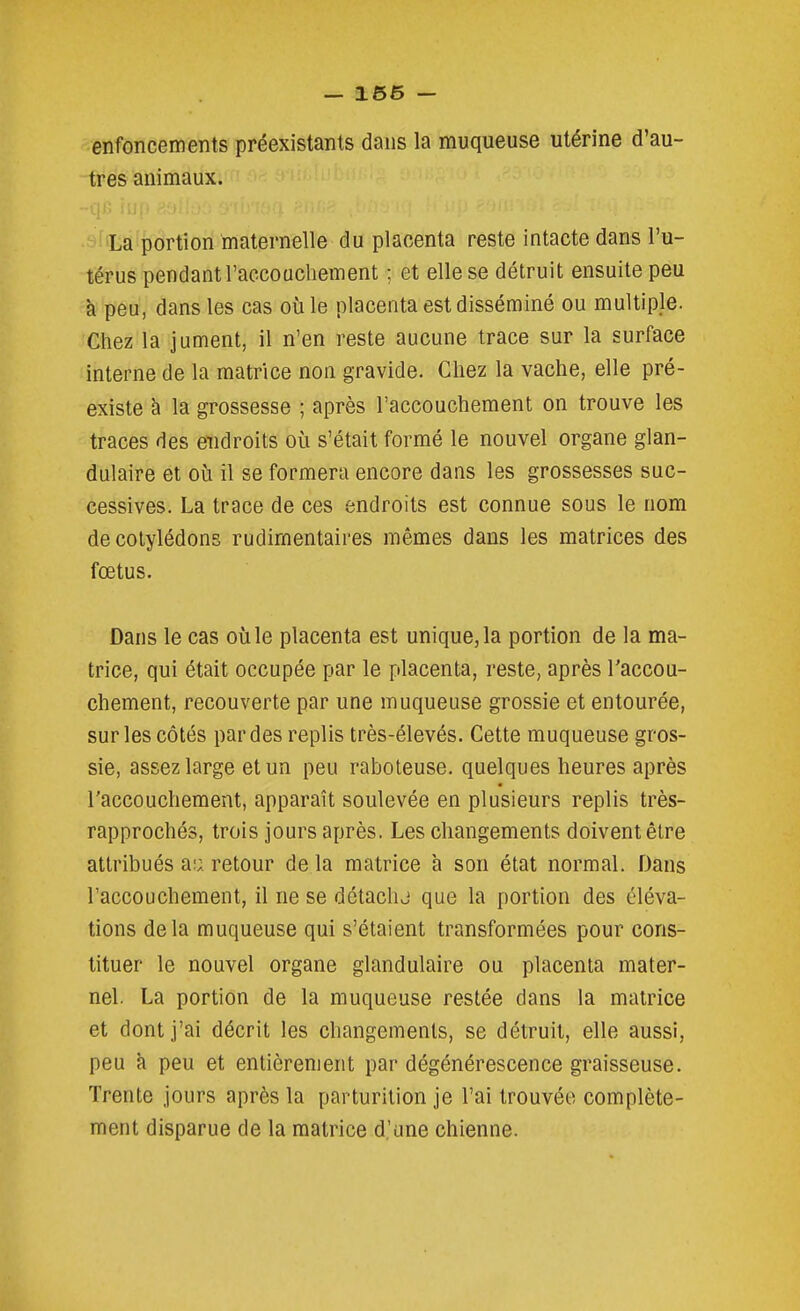 enfoncements préexistants dans la muqueuse utérine d'au- tres animaux. ■SI La portion maternelle du placenta reste intacte dans l'u- térus pendant l'accouchement ; et elle se détruit ensuite peu à peu, dans les cas où le placenta est disséminé ou multiple. Ghez la jument, il n'en reste aucune trace sur la surface interne de la matrice non gravide. Chez la vache, elle pré- existe à la grossesse ; après l'accouchement on trouve les traces des endroits où s'était formé le nouvel organe glan- dulaire et où il se formera encore dans les grossesses suc- cessives. La trace de ces endroits est connue sous le nom de cotylédons rudirnentaires mêmes dans les matrices des fœtus. Dans le cas où le placenta est unique, la portion de la ma- trice, qui était occupée par le placenta, reste, après l'accou- chement, recouverte par une muqueuse grossie et entourée, sur les côtés par des replis très-élevés. Cette muqueuse gros- sie, assez large et un peu raboteuse, quelques heures après l'accouchement, apparaît soulevée en plusieurs replis très- rapprochés, trois jours après. Les changements doivent être attribués a:;, retour de là matrice à son état normal. Dans Faccouchement, il ne se détaclu que la portion des éléva- tions delà muqueuse qui s'étaient transformées pour cons- tituer le nouvel organe glandulaire ou placenta mater- nel. La portion de la muqueuse restée dans la matrice et dont j'ai décrit les changements, se détruit, elle aussi, peu k peu et entièrement par dégénérescence graisseuse. Trente jours après la parturition je l'ai trouvée complète- ment disparue de la matrice d'une chienne.