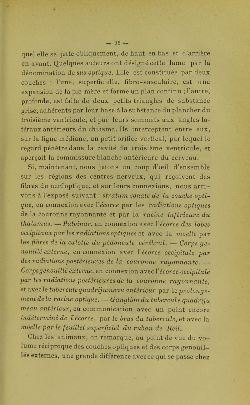 quel elle se jette obliquement, de haut en bas et d'arrière en avant. Quelques auteurs ont désigné cette lame par la dénomination de sus-optique. Elle est constituée par deux couches : l'une, superficielle, fibro-vascuiaire, est une expansion de la pie mère et forme un plan continu ; l'autre, profonde, est faite de deux petits triangles de substance grise, adhérents par leur base à la substance du plancher du troisième ventricule, et par leurs sommets aux angles la- téraux antérieurs du chiasma. Ils interceptent entre eux, sur la ligne médiane, un petit orifice vertical, par lequel le regard pénètre dans la cavité du troisième ventricule, et aperçoit la commissure blanche antérieure du cerveau. Si, maintenant, nous jetons un coup d'oeil d'ensemble sur les régions des centres nerveux, qui reçoivent des fibres du nerf optique, et sur leurs connexions, nous arri- vons à l'exposé suivant : stratum zonale de la couche opti- que, en connexion avec Vécorce par les radiations optiques de la couronne rayonnante et par la racine inférieure du thalamus. — Pulvinar, en connexion avec Vécorce des lohes occipitaux par les radiations optiques et avec la moelle par les fibres de la calotte du pédoncule cérébral. — Corps ge- nouillé externe, en connexion avec Vécorce occipitale par des radiations postérieures de la couronne rayonnante. — Corpsgenouillé externe, en connexion avec l'écorce occipitale par les radiations postérieures de la couronne rayonnante, et a\ec\e tuberculequadrijumeau antérieur par le prolonge- ment delà racine optique. — Ganglion du tubercule quadriju meau antérieur, en communication avec un point encore indéterminé de Vécorce, par le bras du tubercule, et avec la moelle par le feuillet superficiel du ruban de Reïl. Chez les animaux, on remarque, au point de vue du vo- lume réciproque des couches optiques et des corps genouil- lés externes, une grande différence avec ce qui se passe chez