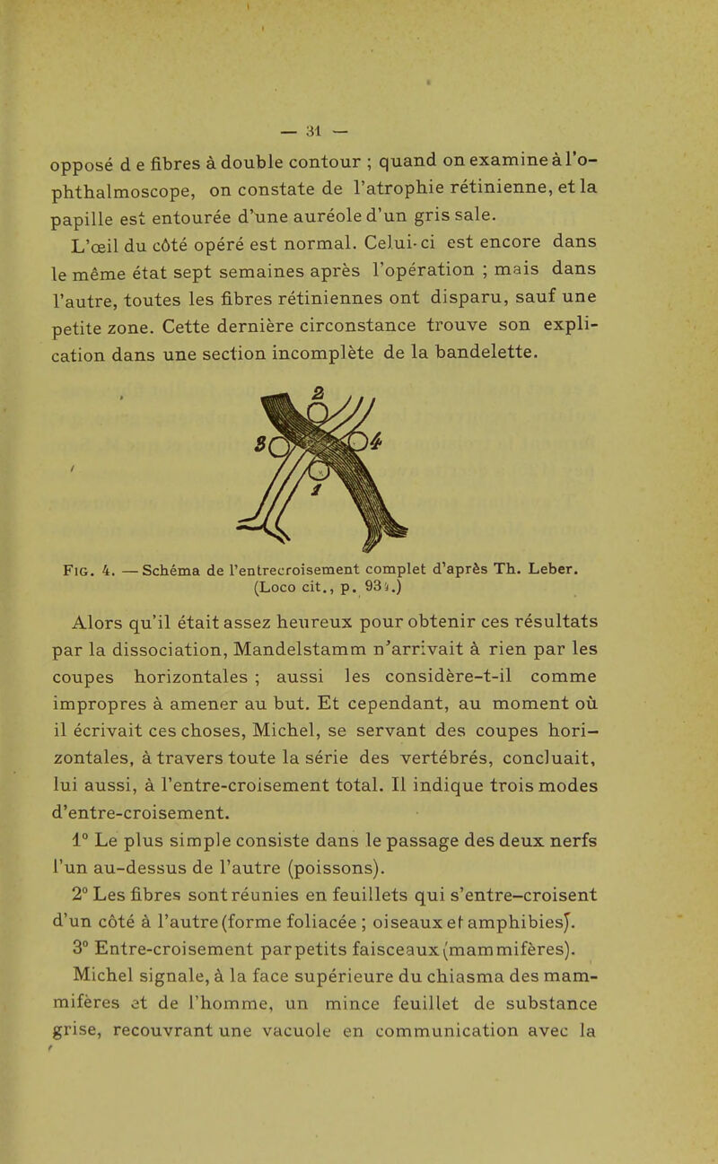 opposé d e fibres à double contour ; quand on examine à l'o- phtlialmoscope, on constate de l'atrophie rétinienne, et la papille est entourée d'nne auréole d'un gris sale. L'œil du côté opéré est normal. Celui-ci est encore dans le même état sept semaines après l'opération ; mais dans l'autre, toutes les fibres rétiniennes ont disparu, sauf une petite zone. Cette dernière circonstance trouve son expli- cation dans une section incomplète de la bandelette. FiG. 4. —Schéma de l'entrecroisement complet d'après Th. Leber. (Loco cit., p. 93j.) Alors qu'il était assez heureux pour obtenir ces résultats par la dissociation, Mandelstamm n'arrivait à rien par les coupes horizontales ; aussi les considère-t-il comme impropres à amener au but. Et cependant, au moment où. il écrivait ces choses, Michel, se servant des coupes hori- zontales, à travers toute la série des vertébrés, concluait, lui aussi, à l'entre-croisement total. Il indique trois modes d'entre-croisement. 1° Le plus simple consiste dans le passage des deux nerfs l'un au-dessus de l'autre (poissons). 2° Les fibres sont réunies en feuillets qui s'entre-croisent d'un côté à l'autre (forme foliacée ; oiseaux efamphibiesj. 3° Entre-croisement parpetits faisceaux(mammifères). Michel signale, à la face supérieure du chiasma des mam- mifères et de l'homme, un mince feuillet de substance grise, recouvrant une vacuole en communication avec la