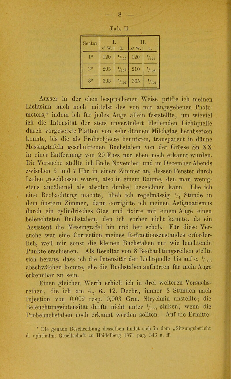 Tab. II. Sector. I. X» w. 1 a. II. x° w. 1 a. P 120 Vl26 120 Vl26 2° 205 Vio4 210 Vl08 3° 305 Vl04 305 Vl04 Ausser in der eben besprochenen Weise prüfte ich meinen Lichtsinn auch noch mittelst des von mir angegebenen Photo- meterS;* indem ich für jedes Auge allein feststellte, um wieviel ich die Intensität der stets unverändert bleibenden Lichtquelle durch Vorgesetzte Platten von sehr dünnem Milchglas herabsetzen konnte, bis die als Probeobjecte benutzten, transparent in dünne Messingtafeln geschnittenen Buchstaben von der Grösse Sn. XX in einer Entfernung von 20 Fuss nur eben noch erkannt wurden. Die Versuche stellte ich Ende November und im December Abends zwischen 5 und 7 Uhr in einem Zimmer an, dessen Fenster durch Laden geschlossen waren, also in einem Baume, den man wenig- stens annähernd als absolut dunkel bezeichnen kann. Ehe ich eine Beobachtung machte, blieb ich regelmässig Stunde in dem finstern Zimmer, dann corrigirte ich meinen Astigmatismus durch ein cylindrisches Glas und fixirte mit einem Auge eiuen beleuchteten Buchstaben, den ich vorher nicht kannte, da ein Assistent die Messingtafel hin und her schob. Für diese Ver- suche war eine Correction meines Befractionszustandes erforder- lich, weil mir sonst die kleinen Buchstaben nur wie leuchtende Punkte erschienen. Als Besultat von 8 Beobachtungsreihen stellte sich heraus, dass ich die Intensität der Lichtquelle bis auf c. '/,„o abschwächen konnte, ehe die Buchstaben aufhörten für mein Auge erkennbar zu sein. Einen gleichen Werth erhielt ich in drei weiteren Versuchs- reihen, die ich am 4., 6., 12. Decbr., immer 8 Stunden nach Injection von 0,002 resp. 0,003 Grm. Strychnin anstellte; die Beleuchtungsintensität durfte nicht unter '/lou sinken, wenn die Probebuchstaben noch erkannt werden sollten. Auf die Ermitte- * Die genaue Beschreibung desselben findet sich in dem „Sitzungsbericht d. ophthalra. Gesellschaft zu Heidelberg 1871 pag. 34C u. ff.