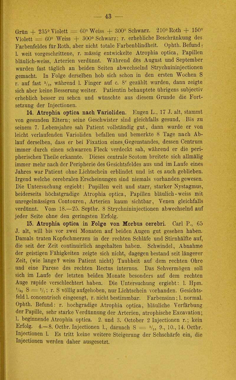 Grün + 235° Violett = GOoWeiss + 300° Schwarz. 210° Roth + 150° Violett = 60° Weiss + 300° Schwarz; r. erhebliche Beschränkung des Farbenfeldes für Roth, aber nicht totale Farhenblindheit. Ophth. Befund I. weit vorgeschrittene, r. mässig entwickelte Atrophia optica, Papillen bläulich-weiss, Arterien verdünnt. Während dbs August und September wurden fast täglich an beiden Seiten abwechselnd Strychnininjectionen gemacht. In Folge derselben hob sich schon in den ersten Wochen S r. auf fast V3, während 1. Finger auf c. 8' gezählt wurden, dann zeigte sich aber keine Besserung weiter. Patientin behauptete übrigens subjectiv erheblich besser zu sehen und wünschte aus diesem Grunde die Fort- setzung der Injectionen. 14. Atrophia optica nach Varioliden. Eugen L., 17 J. alt, stammt von gesunden Eltern; seine Geschwister sind gleichfalls gesund. Bis zu seinem 7. Lebensjahre sah Patient vollständig gut, dann wurde er von leicht verlaufenden Varioliden befallen und bemerkte 8 Tage nach Ab- lauf derselben, dass er bei Fixation eines.Gegenstandes, dessen Centrum immer durch einen schwarzen Fleck verdeckt sah, während er die peri- pherischen Theile erkannte. Dieses centrale Scotom breitete sich allmälig immer mehr nach der Peripherie des Gesichtsfeldes aus und im Laufe eines Jahres war Patient ohne Lichtschein erblindet und ist es auch geblieben. Irgend welche cerebralen Erscheinungen sind niemals vorhanden gewesen. Die Untersuchung ergiebt: Pupillen weit und starr, starker Nystagmus, beiderseits höchstgradige Atrophia optica, Papillen bläulich-weiss mit unregelmässigen Contouren, Arterien kaum sichtbar, Venen gleichfalls verdünnt. Vom 18.—25. Septbr. 8 Strychnininjectionen abwechselnd auf jeder Seite ohne den geringsten Erfolg. 15. Atrophia optica in Folge von Morbus cerebri. Carl P., 65 J. alt, will bis vor zwei Monaten auf beiden Augen gut gesehen haben. Damals traten Kopfschmerzen in der rechten Schläfe und Stirnhälfte auf, die seit der Zeit continuirlich angehalten haben. Schwindel, Abnahme der geistigen Fähigkeiten zeigte sich nicht, dagegen bestand seit längerer Zeit, (wie lange? weiss Patient nicht) Taubheit auf dem rechten Ohre und eine Parese des rechten Rectus internus. Das Sehvermögen soll sich im Laufe der letzten beiden Monate besonders auf dem rechten Auge rapide verschlechtert haben. Die Untersuchung ergiebt: 1. Hpm. ’Ao S = V;; r. S völlig aufgehoben, nur Lichtschein vorhanden. Gesichts- feld 1. concentrisch eingeengt, r. nicht bestimmbar. Farbensinn; 1. normal. Ophth. Befund: r. hochgradige Atrophia optica, bläuliche Verfärbung der Papille, sehr starke Verdünnung der Arterien, atrophische Excavation; 1. beginnende Atrophia optica. 2. und 3. October 2 Injectionen r.; kein Erfolg. 4.-8. Oetbr. Injectionen 1., darnach S = 9., 10., 14. Oetbr. Injectionen 1. Es tritt keine weitere Steigerung der Sehschärfe ein, die Injectionen werden daher ausgesetzt.