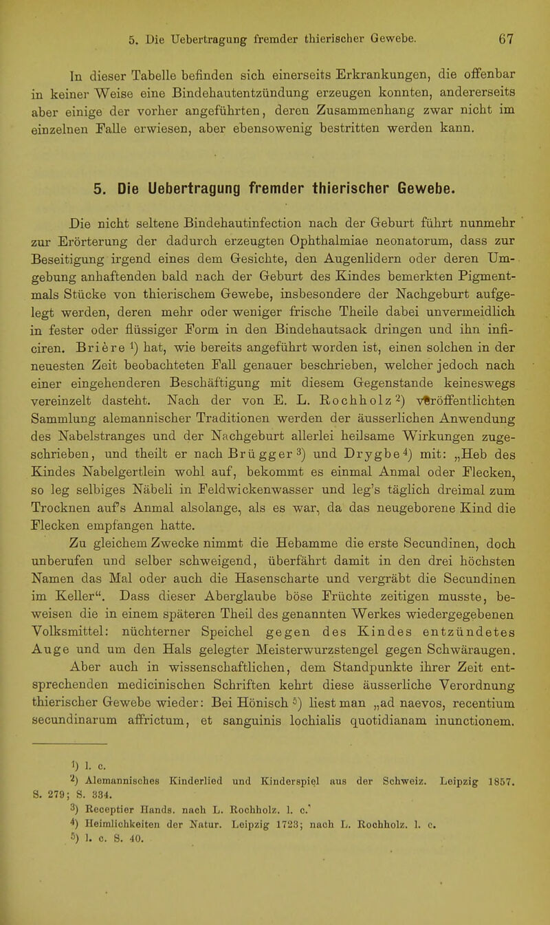 In dieser Tabelle befinden sich einerseits Erkrankungen, die offenbar in keiner Weise eine Bindehautentzündung erzeugen konnten, andererseits aber einige der vorher angeführten, deren Zusammenhang zwar nicht im einzelnen Falle erwiesen, aber ebensowenig bestritten werden kann. 5. Die Uebertragung fremder thierischer Gewebe. Die nicht seltene Bindehautinfection nach der Geburt führt nunmehr zur Erörterung der dadurch erzeugten Ophthalmiae neonatorum, dass zur Beseitigung irgend eines dem Gesichte, den Augenlidern oder deren Um- gebung anhaftenden bald nach der Geburt des Kindes bemerkten Pigment- mals Stücke von thierischem Gewebe, insbesondere der Nachgeburt aufge- legt werden, deren mehr oder weniger frische Theile dabei unvermeidlich in fester oder flüssiger Form in den Bindehautsack dringen und ihn infi- ciren. Briere i) hat, wie bereits angeführt worden ist, einen solchen in der neuesten Zeit beobachteten Fall genauer beschrieben, welcher jedoch nach einer eingehenderen Beschäftigung mit diesem Gegenstande keineswegs vereinzelt dasteht. Nach der von E. L. Rochholz 2) v%röffentlichten Sammlung alemannischer Traditionen werden der äusserlichen Anwendung des Nabelstranges und der Nachgeburt allerlei heilsame Wirkungen zuge- schrieben, und theilt er nach Brü gger 3) und Drygbe^j mit: „Heb des Kindes Nabelgertlein wohl auf, bekommt es einmal Anmal oder Flecken, so leg selbiges Näbeli in Feldwickenwasser und leg's täglich dreimal zum Trocknen aufs Anmal alsolange, als es war, da das neugeborene Kind die Flecken empfangen hatte. Zu gleichem Zwecke nimmt die Hebamme die erste Secundinen, doch unberufen und selber schweigend, überfährt damit in den drei höchsten Namen das Mal oder auch die Hasenscharte und vergräbt die Secundinen im Keller. Dass dieser Aberglaube böse Früchte zeitigen musste, be- weisen die in einem späteren Theil des genannten Werkes wiedergegebenen Volksmittel: nüchterner Speichel gegen des Kindes entzündetes Auge und um den Hals gelegter Meisterwurzstengel gegen Schwäraugen. Aber auch in wissenschaftlichen, dem Standpunkte ihrer Zeit ent- sprechenden medicinischen Schriften kehrt diese äusserhche Verordnung thierischer Gewebe wieder: Bei Hönisch °) liest man „ad naevos, recentium secundinarum alFrictum, et sanguinis lochialis quotidianam inunctionem. 1) 1. c. Alemannisches Kinderlied und Kinderspiel aus der Schweiz. Leipzig 1857. S. 279; S. 334. 3) Receptier Hands. nach L. Rochholz. 1. c* 4) Heimlichkeiten der Natur. Leipzig 1723; nach L. Rochholz. 1. c. 5) 1. c. S. 40.