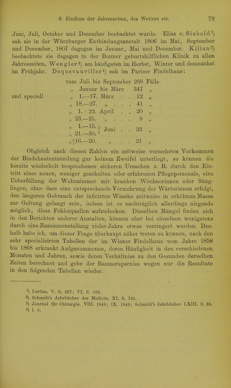 Jiini, Juli, October und December beobachtet wurde. Elias v. Siebold^) sab sie in der Würzburger Entbindungsanstalt 1806 im Mai, September und December, 1807 dagegen im Januar, Mai und December. Kilian''^) beobachtete sie dagegen in der Bonner geburtshilflichen Klinik zu allen Jahreszeiten, Wengler3) am häufigsten im Herbst, Winter und demnächst im Frühjahr. Dequevauvillersah im Pariser Findelhaus: vom Juli bis September 288 Eälle ., Januar bis März 347 „ und speciell „ 1.—17. März . . 12 „ „ 18.-27. „ . . . 41 „ „ 1. ~ 22. Aprü . . 20 „ „ 23.-25. ■„ . . . 9 „ 2lIS i ^^^^ • •  ,i 116.-20. „ . . 21 „ Obgleich nach diesen Zahlen ein zeitweise vermehrtes Vorkommen der Bindehautentzündung gar keinem Zweifel unterliegt, so können die bereits wiederholt besprochenen sicheren Ursachen z. B. durch den Ein- tritt eines neuen, weniger geschulten oder erfahrenen Pflegepersonals, eine Ueberfüllung der Wohnzimmer mit kranken Wöchnerinnen oder Säug- lingen, ohne dass eine entsprechende Vermehrung der Wärterinnen erfolgt, den längeren Gebrauch der inficirten Wäsche zeitweise in erhöhtem Masse zur Geltung gelangt sein, indess ist es nachträglich allerdings nirgends möglich, diese Fehlerquellen aufzudecken. Dieselben Mängel finden sich in den Berichten anderer Anstalten, können aber bei einzelnen wenigstens durch eine Zusammenstellung vieler Jahre etwas verringert werden. Des- halb habe ich, um dieser Frage überhaupt näher treten zu können, nach den sehr specialisirten Tabellen der im Wiener Findelhaus vom Jahre 1858 bis 1868 erkrankt Aufgenommenen, deren Häufigkeit in den verschiedenen Monaten und Jahren, sowie deren Verhältniss zu den Gesunden derselben Zeiten berechnet und gebe der Eaumersparniss wegen nur die Resultate in den folgenden Tabellen wieder. 1) Lucina. V. S, 227; VI. S. 199. 2) Schmidt's Jahrbücher der Medicin. XI. S. 195. 3) Journal für Chirurgie. VIII. 1848; IX. 1849; Schmidt's Jahrbücher LXIII. S. 88.