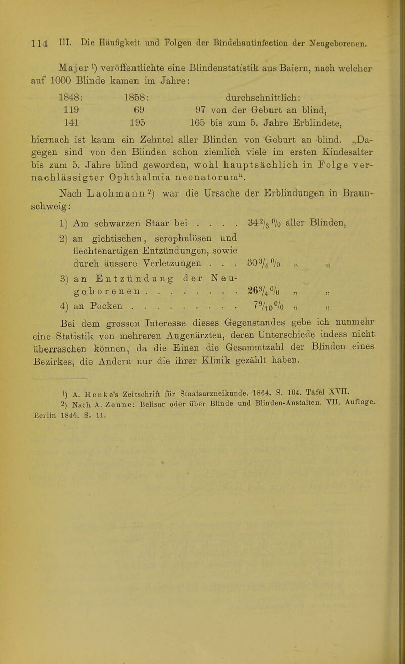 Majer ^) veröffentlichte eine Blindenstatistik aus Baiern, nach welcher auf 1000 Blinde kamen im Jahre: 1848: 1858: durchschnittlich: 119 69 97 von der Geburt an blind, 141 195 165 bis zum 5. Jahre Erblindete, hiernach ist kaum ein Zehntel aller Blinden von Geburt an blind. „Da- gegen sind von den Blinden schon ziemlich viele im ersten Kindesalter bis zum 5. Jahre blind geworden, wohl hauptsächlich in Folge ver- nachlässigter Ophthalmia neonatorum. Nach Lachmann''') war die Ursache der Erblindungen in Braun- schweig : 1) Am schwarzen Staar bei ... . 342/3% aller Blinden, 2) an gichtischen, scrophulösen und flechtenartigen Entzündungen, sowie durch äussere Verletzungen ... 30 3/^ % „ „ 3) an Entzündung der Neu- geborenen 263/^ % „ „ 4) an Pocken 77io% n » Bei dem grossen Interesse dieses Gegenstandes gebe ich nunmehr eine Statistik von mehreren Augenärzten, deren Unterschiede indess nicht überraschen können, da die Einen die Gesammtzahl der Blinden eines Bezirkes, die Andern nur die ihrer Klinik gezählt haben. ') A. Henke's Zeitschrift für Staatsarzneikunde. 1864. S. 104. Tafel XYII. 2) Nach A. Zeune: Beiisar oder über Blinde und Blinden-Anstalteu. VII. Auflage