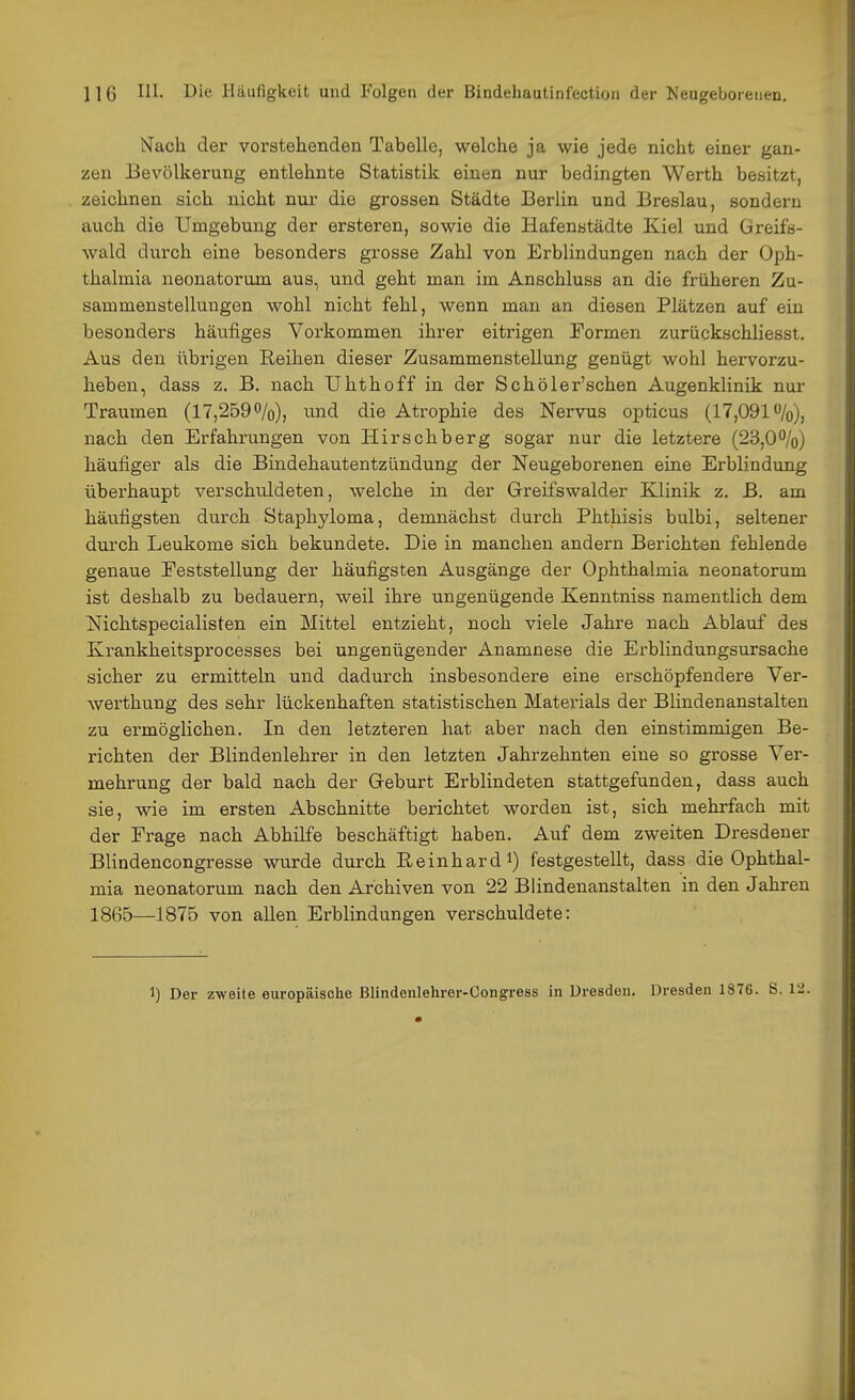 tJach der vorstehenden Tabelle, welche ja wie jede nicht einer gan- zen Bevölkerung entlehnte Statistik einen nur bedingten Werth besitzt, zeichnen sich nicht nur die grossen Städte Berlin und Breslau, sondern auch die Umgebung der ersteren, sowie die Hafenstädte Kiel und Greifs- wald durch eine besonders grosse Zahl von Erblindungen nach der Ojih- thalmia neonatorum aus, und geht man im Anschluss an die früheren Zu- sammenstellungen wohl nicht fehl, wenn man an diesen Plätzen auf ein besonders häufiges Vorkommen ihrer eitrigen Formen zurückschliesst. Aus den übrigen Reihen dieser Zusammenstellung genügt wohl hervorzu- heben, dass z. B. nach Uhthoff in der Schöler'schen Augenklinik nur Traumen (17,259%), und die Atrophie des Nervus opticus (17,091 nach den Erfahrungen von Hirschberg sogar nur die letztere (23,0%) häufiger als die Bindehautentzündung der Neugeborenen eine Erblindung überhaupt verschiddeten, welche in der Greifswalder Klinik z. B. am häufigsten durch Staphyloma, demnächst durch Phthisis bulbi, seltener durch Leukome sich bekundete. Die in manchen andern Berichten fehlende genaue Feststellung der häufigsten Ausgänge der Ophthalmia neonatorum ist deshalb zu bedauern, weil ihre ungenügende Kenntniss namentlich dem Nichtspecialisten ein Mittel entzieht, noch viele Jahre nach Ablauf des Krankheitspi'ocesses bei ungenügender Anamnese die Ei'blindungsursache sicher zu ermitteln und dadurch insbesondere eine erschöpfendere Ver- werthung des sehr lückenhaften statistischen Materials der Blindenanstalten zu ermöglichen. In den letzteren hat aber nach den einstimmigen Be- richten der Blindenlehrer in den letzten Jahrzehnten eine so grosse Ver- mehrung der bald nach der Geburt Erblindeten stattgefunden, dass auch sie, wie im ersten Abschnitte berichtet worden ist, sich mehrfach mit der Frage nach Abhilfe beschäftigt haben. Auf dem zweiten Dresdener Blindencongresse wurde durch Reinhard i) festgestellt, dass die Ophthal- mia neonatorum nach den Archiven von 22 Blindenanstalten in den Jahren 1865—1875 von allen Erblindungen verschuldete: 1) Der zweile europäische Blindenlehrer-Congress in Uresden. Dresden 1876. S. V^.