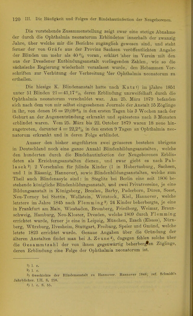 Die vorstehende Zusammenstellung zeigt zwar eine stetige Abnahme der durch die Ophthalmia neonatorum Erblindeten innerhalb der zwanzig Jahre, über welche mir die Berichte zugänglich gewesen sind, und steht ferner der von Gräfe aus der Provinz Sachsen veröffentlichten Angabe der Blinden um mehr als 40 % voran, erklärt |aber im Verein mit den aus der Dresdener Entbindungsanstalt vorliegenden Zahlen, wie so die sächsische Regierung wiederholt veranlasst wurde, den Hebammen Vor- schriften zur Verhütung der Verbreitung 'der Ophthalmia neonatorum zu ertheilen. Die hiesige K. Blindenanstalt hatte nach Katzi) im [Jahre 1851 unter 51 Blinden 21 = 41,17 |o, deren Erblindung unzweifelhaft durch die Ophthalmia neonatorum verschuldet war. Am 25. März 1879 befanden sich nach dem von mir selbst eingesehenen Journale der Anstalt 55 Zöglinge in ihr, von denen 16 = 29,09% in den ersten Tagen bis 3 Wochen nach der Geburt an der Augenentzündung erkrankt und spätestens nach 3 Monaten erblindet waren. Vom 25. März bis 22. October 1879 waren 18 neue hin- zugetreten, darunter 4 = 22,2% in den ersten 9 Tagen an Ophthalmia neo- natorum erkrankt und in deren Eolge erblindet. Ausser den bisher angeführten zwei grösseren bestehen übrigens in Deutschland noch eine ganze Anzahl Blindenbildungsanstalten, welche den hunderten durch die Bindehautinfection der Neugeborenen Erblin- deten als Erziehungsanstalten dienen, und zwar giebt es nach Pab- lasek2) 2 Vorschulen für [blinde Kinder (1 in Hubertusburg, Sachsen, und 1 in Eässnig, Hannover), sowie Blindenbildungsanstalten, welche zum Theil auch Blindenasyle sind: in Steglitz bei Berlin eine seit 1806 be- stehende königliche Blindenbildungsanstalt, und zwei Privatvereine, je eine Bildungsanstalt in Königsberg, Breslau, Barby, Paderborn, Düren, Soest, Neu-Torney bei Stettin, Wollstein, Wittstock, Kiel, Hannover, welche letztere im Jahre 1845 nach ElemmingS) 24 Kinder beherbergte, je eine in Frankfurt am Main, Wiesbaden, Bromberg, Priedberg, Weimar, Braun- schweig, Hamburg, Neu-Kloster, Dresden, welche 1809 durch Elemming errichtet wurde, ferner je eine in Leipzig, München, Ilzach (Elsass), Nürn- berg, Würzburg, Ilvesheim, Stuttgart, Freiburg, Speier und Gmünd, welche letzte 1823 errichtet wurde. Genaue Angaben über die Gründung der älteren Anstalten findet man bei A. Zeune^), dagegen fehlen solche über die Gesammtzahl der von ihnen gegenwärtig beherbergen Zöglinge, deren Erblindung eine Folge der Ophthalmia neonatorum ist. 1) 1. 0. 'i) 1. c. 3) Geschichte der Blindenanstalt zu Hannover. Hannover 1846; ref. Schmie Jahrbücher. LH. S. 258. 4) 1. c. S. 55.