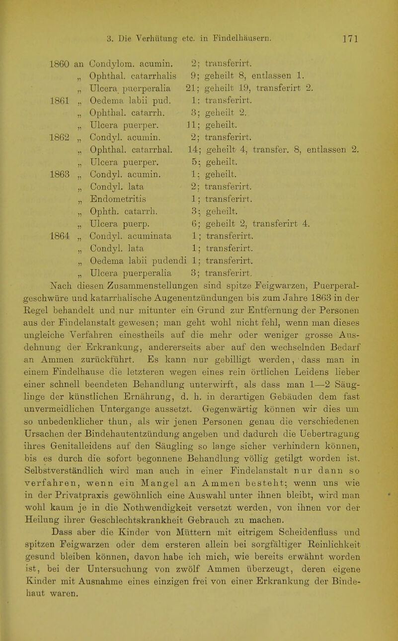 1860 an Condylom, acumm. trausferirt. r Ophthal, catarrhalis 9; geheilt ö, entlassen 1. )i Ulcera puerperalia 21; geheut 19, transierirt 2. 1861 :i Oedema labii pud. 1 transienrt. Tl Ophthal, catarrh. o o gelieiit z. r Ulcera puerper. 11 geheut. 1862 }i Oondyl. acumm. 2; transienrt. r Ophthal, catarrhal. 14 ; geheut 4, transler. o, entlassen 2. r TT! Ulcera puerper. 5 1 'Ii. , geheilt. 1863 )i Condyl. acumin. 1: geheut. )i Condyl. lata 2: transierirt. )» liindometritis 1 transierirt. /~\ Iii I 1 üphth. catarrh. 3 , geheut. TTl Ulcei'a puerp. 6 geheilt 2, transierirt 4. 1864 )) Condj'l. acuminata 1 ; transferirt. )1 Condyl. lata 1 ■ transferirt. )1 Oedema labii pudend i 1 transferirt. )1 Ulcera puerperalia 3; transferirt. Nach diesen Zusammenstellungen sind spitze Feigwarzen, Puerperal- geschwüre und katarrhalische Augenentzündungen bis zum Jahre 1863 in der Regel behandelt und nur mitunter ein Grund zur Entfernung der Personen aus der Findelanstalt gewesen; man geht wohl nicht fehl, wenn man dieses ungleiche Verfahren einestheils auf die mehr oder weniger grosse Aus- dehnung der Erkrankung, andererseits aber auf den wechselnden Bedarf an Ammen zurückführt. Es kann nur gebilligt werden, dass man in einem Fiiidelhause die letzteren wegen eines rein örtlichen Leidens lieber einer schnell beendeten Behandlung unterwirft, als dass man 1—2 Säug- linge der künstlichen Ernährung, d. h. in derartigen Gebäuden dem fast unvermeidlichen Untergange aussetzt. Gegenwärtig können wir dies um so unbedenklicher thun, als wir jenen Personen genau die verschiedenen Ursachen der Bindehautentzündung angeben und dadurch die Uebertragung ihres Genitalleidens auf den Säugling so lange sicher verhindern können, bis es durch die sofort begonnene Behandlung völlig getilgt worden ist. Selbstverständlich wird man auch in einer Findelanstalt nur dann so verfahren, wenn ein Mangel an Ammen besteht; wenn uns wie in der Privatpraxis gewöhnlich eine Auswahl unter ihnen bleibt, wird man wohl kaum je in die Nothwendigkeit versetzt werden, von ihnen vor der Heilung ihrer Geschlechtskrankheit Gebrauch zu machen. Dass aber die Kinder von Müttern mit eitrigem Scheidenfluss und spitzen Feigwarzen oder dem ersteren allein bei sorgfältiger Reinlichkeit gesund bleiben können, davon habe ich mich, wie bereits erwähnt worden ist, bei der Untersuchung von zwölf Ammen überzeugt, deren eigene Kinder mit Ausnahme eines einzigen frei von einer Erkrankung der Binde- haut waren.