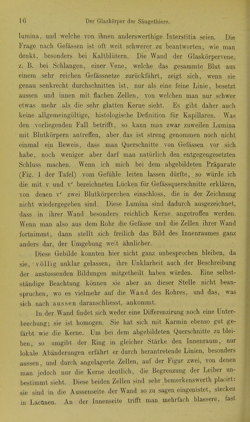 luuiina, und welche von ihnen anderswerthige Interstitia seien. Die Frage nach Gefassen ist oft weit schwerer zu beantworten, wie man denkt, besonders bei Kaltblütern. Die Wand der Glaskörpervene, z. B. bei Schlangen, einer Vene, welche das gesammte Blut aus einem sehr reichen Gefässnetze zurückführt, zeigt sich, wenn sie genau senkrecht durchschnitten ist, nur als eine feine Linie, besetzt aussen und innen mit flachen Zellen, von welchen man nur schwer etwas mehr als die sehr glatten Kerne sieht. Es gibt daher auch keine allgemeingültige, histologische Definition für Kapillaren. Was den vorliegenden Fall betrifft, so kann man zwar zuweilen Lumina mit Blutkörpern antreffen, aber das ist streng genommen noch nicht einmal ein Beweis, dass man Querschnitte von Gefässen vor sich habe, noch weniger aber darf man natürlich den entgegengesetzten Schluss machen. Wenn ich mich bei dem abgebildeten Präparate (Fig. 1 der Tafel) vom Gefühle leiten lassen dürfte, so würde ich die mit v und v' bezeichneten Lücken für Gefässquerschnitte erklären, von denen v' zwei Blutkörperchen einschloss, die in der Zeichnung nicht wiedergegeben sind. Diese Lumina sind dadurch ausgezeichnet, dass in ihrer Wand besonders reichlich Kerne angetroffen werden. Wenn man also aus dem Rohr die Gefässe und die Zellen ihrer Wand fortnimmt, dann stellt sich freilich das Bild des Innenraumes ganz anders dar, der Umgebung weit ähnlicher. Diese Gebilde konnten hier nicht ganz unbesprochen bleiben, da sie, völlig unklar gelassen, ihre Unklarheit auch der Beschreibung der anstossenden Bildungen mitgetheilt haben würden. Eine selbst- ständige Beachtung können sie aber an dieser Stelle nicht bean- spruchen, wo es vielmehr auf die Wand des Rohres, und das, was sich nach aussen daranschliesst, ankommt. In der Wand findet sich weder eine Differenzirung noch eine Unter- brechung; sie ist homogen. Sie hat sich mit Karmin ebenso gut ge- färbt wie die Kerne. Um bei dem abgebildeten Querschnitte zu blei- ben, so umgibt der Ring in gleicher Stärke den Innenraum, nur lokale Abänderungen erfährt er durch herantretende Linien, besonders aussen, und durch angelagerte Zellen, auf der Figur zwei, von denen man jedoch nur die Kerne deutlich, die Begrenzung der Leiber un- bestimmt sieht. Diese beiden Zellen sind sehr bemerkenswerth placirt: sie sind in die Aussenseite der Wand so zu sagen eingenistet, stecken in Lacünen. An der Innenseite triff't man mehrfach blassere, fast