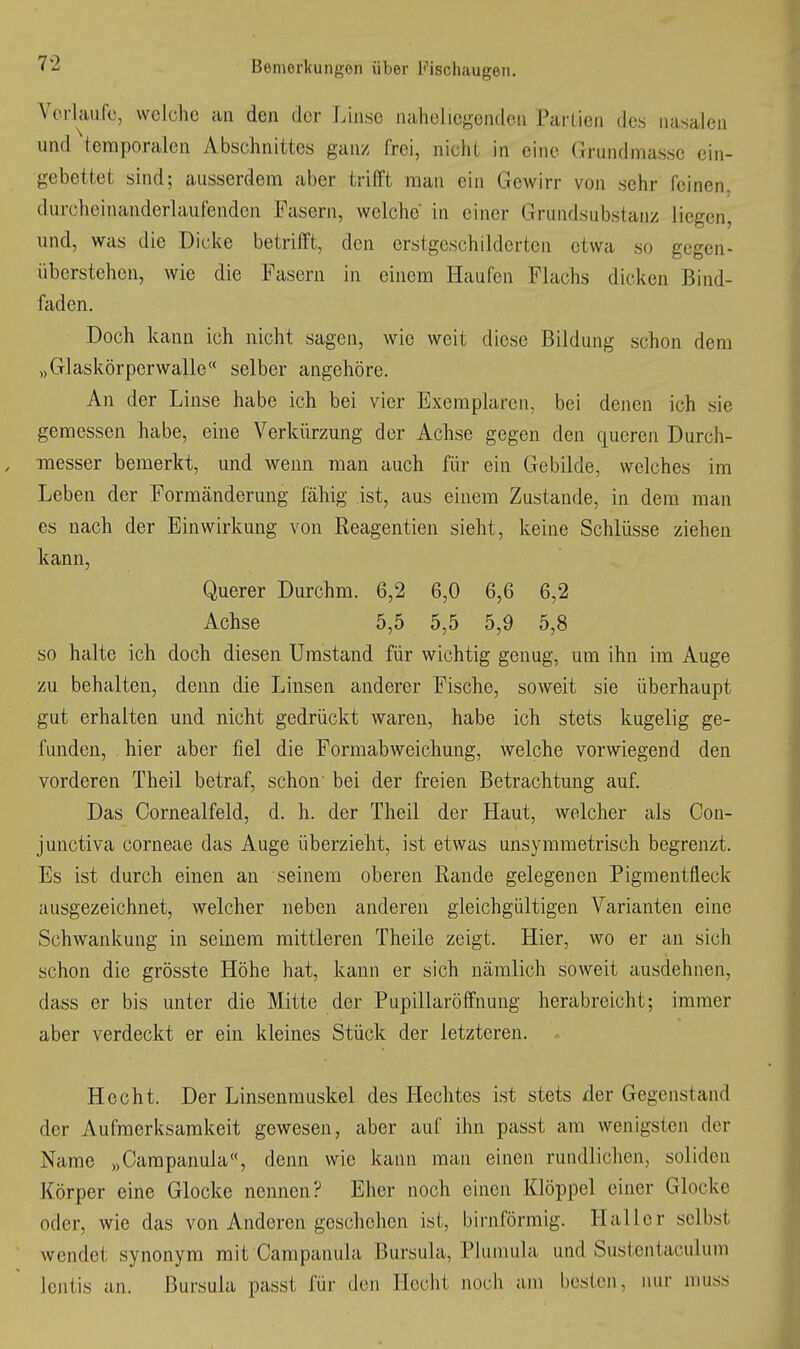 Verlaufe, welche an den der Linse naheliegenden Parlicn des nasalen und temporalen Abschnittes ganz frei, nicht in eine Grundmassc ein- gebettet sind; ausserdem aber trifft man ein Gewirr von sehr feinen, durcheinanderlaufendcn Fasern, welche in einer Grundsubstanz liegen, und, was die Dicke betrifft, den erstgeschilderten etwa so gegen- überstehen, wie die Fasern in einem Haufen Flachs dicken Bind- faden. Doch kann ich nicht sagen, wie weit diese Bildung schon dem „Glaskörperwalle selber angehöre. An der Linse habe ich bei vier Exemplaren, bei denen ich sie gemessen habe, eine Verkürzung der Achse gegen den queren Durch- messer bemerkt, und wenn man auch für ein Gebilde, welches im Leben der Formeänderung fähig ist, aus einem Zustande, in dem man es nach der Einwirkung von Reagentien sieht, keine Schlüsse ziehen kann, Querer Durchm. 6,2 6,0 6,6 6,2 Achse 5,5 5,5 5,9 5,8 so halte ich doch diesen Umstand für wichtig genug, um ihn im Auge zu behalten, denn die Linsen anderer Fische, soweit sie überhaupt gut erhalten und nicht gedrückt waren, habe ich stets kugelig ge- funden, hier aber fiel die Formabweichung, welche vorwiegend den vorderen Theil betraf, schon bei der freien Betrachtung auf. Das Cornealfeld, d. h. der Theil der Haut, welcher als Oou- junctiva corneae das Auge überzieht, ist etwas unsymmetrisch begrenzt. Es ist durch einen an seinem oberen Rande gelegenen Pigraentfleck ausgezeichnet, welcher neben anderen gleichgültigen Varianten eine Schwankung in seinem mittleren Theile zeigt. Hier, wo er an sich schon die grösste Höhe hat, kann er sich nämlich soweit ausdehnen, dass er bis unter die Mitte der Pupillaröffnung herabreicht; immer aber verdeckt er ein kleines Stück der letzteren. Hecht. Der Linsenrauskel des Hechtes ist stets der Gegenstand der Aufmerksamkeit gewesen, aber auf ihn passt am wenigsten der Name „Campanula«, denn wie kann man einen rundlichen, soliden Körper eine Glocke nennen? Eher noch einen Klöppel einer Glocke oder, wie das von Anderen geschehen ist, birnförmig. Hall er selbst wendet synonym mit Campanula Bursula, Plumula und Sustentaculum lentis an. Bursula passt für den Hecht noch am besten, nur niuss