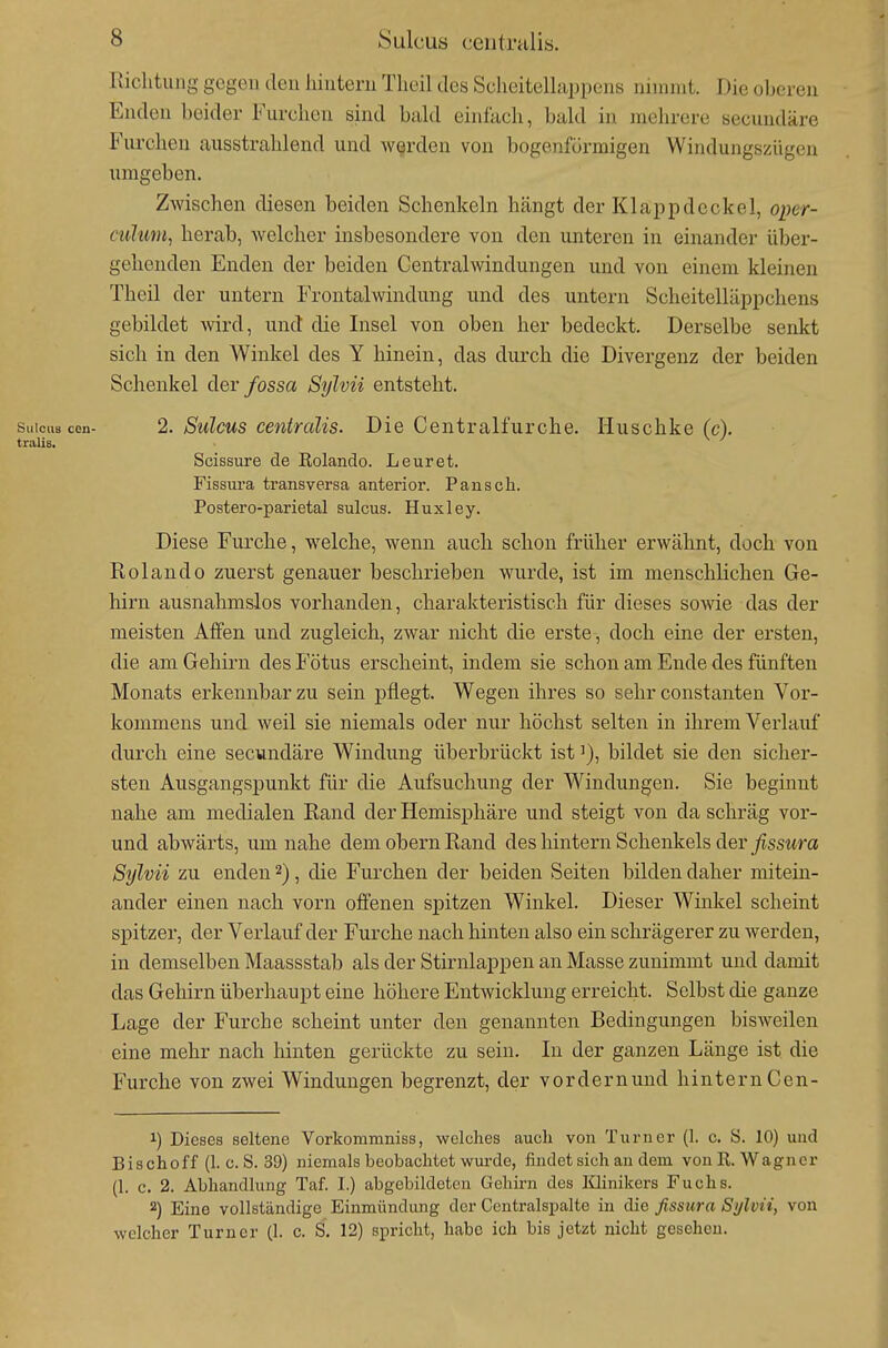 Richtung gegen den hintern Theil des Scheitelhippens nimmt. Die oberen Enden beider Furchen sind bald einfach, bald in mehrere secuudäre Furchen ausstrahlend und werden von bogenförmigen Windungszügen umgeben. Zwischen diesen beiden Schenkeln hängt der Klappdeckel, opcr- culum^ herab, welcher insbesondere von den unteren in einander über- gehenden Enden der beiden Centraiwindungen und von einem kleinen Theil der untern Frontalwindung und des untern Scheitelläppchens gebildet wird, und die Insel von oben her bedeckt. Derselbe senkt sich in den Winkel des Y hinein, das durch die Divergenz der beiden Schenkel der fossa Sylvii entsteht. Sillens cen- 2. Sulcus centralis. Die Centraifurche. Huschke (c). traUs. ^ Scissure de Rolando. Leuret. Fissura transversa anterior. Pansch. Postero-parietal sulcus. Huxley. Diese Furche, welche, wenn auch schon früher erwähnt, doch von Rolando zuerst genauer beschrieben wurde, ist im menschlichen Ge- hirn ausnahmslos vorhanden, charakteristisch für dieses soAvie das der meisten Affen und zugleich, zwar nicht die erste, doch eine der ersten, die am Gehirn des Fötus erscheint, indem sie schon am Ende des fünften Monats erkennbar zu sein pflegt. Wegen ihres so sehr constanten Vor- kommens und weil sie niemals oder nur höchst selten in ihrem Verlauf durch eine secundäre Windung überbrückt ist i), bildet sie den sicher- sten Ausgangspunkt für die Aufsuchung der Windungen. Sie beginnt nahe am medialen Rand der Hemisphäre und steigt von da schräg vor- und abwärts, um nahe dem obern Rand des hintern Schenkels der ^/issMra Sylvii zu enden 2), die Furchen der beiden Seiten bilden daher mitein- ander einen nach vorn offenen spitzen Winkel. Dieser Winkel scheint spitzer, der Verlauf der Furche nach hinten also ein schrägerer zu werden, in demselben Maassstab als der Stirnlappen an Masse zunimmt und damit das Gehirn überhaupt eine höhere Entwicklung erreicht. Selbst die ganze Lage der Furche scheint unter den genannten Bedingungen bisweilen eine mehr nach hinten gerückte zu sein. In der ganzen Länge ist die Furche von zwei Windungen begrenzt, der vordernund hinternCen- 1) Dieses seltene Vorkommniss, welches auch von Turner (1. c. S. 10) und Bischoff (1. c. S. 39) niemals beobachtet wurde, findet sich an dem von R. Wagner (1. c. 2. Abhandlung Taf. I.) abgebildeten Gehirn des lüinikers Fuchs. 2) Eine vollständige Einmündiuig der Centraispalte in die fissura Si/lvii, von welcher Turner (1. c. S. 12) spricht, habe ich bis jetzt nicht gesehen.