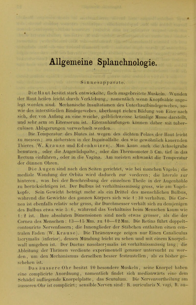 t Allgemeine Splanchnologie. S i n n esap pa rate. Die Haut besitzt stark entwickelte, flach ausgebreitete Muskeln. Wunden der Haut heilen leicht durch Verklebung, namentlich wenn Knopfnähte alme- legt worden sind. Mechanische Insultationen des Unlerhaulbindegewebes, so- wie des interstitiellen Bindegewebes überhaupt ziehen Bildung von Eiler nach sich, der von Anfang an eine weiche, gelblichweisse krümlige Masse darstellt, und sehr arm an Eiterseruni ist. Eiteranhäufungen können daher mit luber- culösen Ablagerungen verwechselt werden. Die Temperatur des Blutes ist wegen des dichten Pelzes der Haut leicht zu messen ; am sichersten in der Inguinalfalte des wie gewöhnlich kauernden Thieres (W. Krause und Edenhuizen). Man kann auch die Achselgrube benutzen, oder die Augenlidspalte, oder das Thermometer 5 Cm. tief in das Bectum einführen, oder in die Yagina. Am meisten schwankt die Temperatur der dünnen Ohren. Die Augen sind nach den Seiten gerichtet, wie bei manchen Vögeln; die mediale Wandung der Orbita wird dadurch zur vorderen; die laterale zur hinteren, was bei der Beschreibung der einzelnen Theile in der Augenhöhle zu berücksichtigen ist. Der Bulbus ist verhällnissmässig gross, wie am Vogel- kopfe. Sein Gewicht beträgt mehr als ein Drittel des menschlichen Bulbus, während die Gewichte des ganzen Körpers sich wie I : 30 verhalten. Die Cor- nea ist ebenfalls relativ sehr gross, ihr Durchmesser verhält sich zu demjenigen des Bulbus etwa wie 5:6, während das Verhältniss beim Menschen kaum wie I : 2 ist. Ihre absoluten Dimensionen sind noch etwas grösser, als die der Cornea des Menschen : 13—1 5 Mm. zu 1 0—12 Mm. Die Betina führt doppelt- contourirte Nervenfasern; die Innenglieder der Stäbchen enthalten einen cen- tralen Faden (W. Krause). Die Thränenwege zeigen nur Einen Canaliculus lacrymalis (inferior), dessen Mündung leicht zu sehen und mit einem Knorpel- wall umgeben ist. Der Ductus nasolacrymalis ist verhällnissmässig lang; die Ableitung der Thränen verdiente experimentell genauer untersucht zu wer- den , um den Mechanismus derselben besser festzustellen, als es bisher ge- schehen ist. Das äussere Ohr besitzt 20 besondere Muskeln, seine Knorpel haben eine complicirte Anordnung, namentlich findet sich medianwörts eine dem Schädel aufliegende Knorpelplatte, das Scutulum. Die Nervenvertheilung am äusseren Ohr ist complicirt; sensible Nerven sind : B. auricularis N. vagi, R. au-