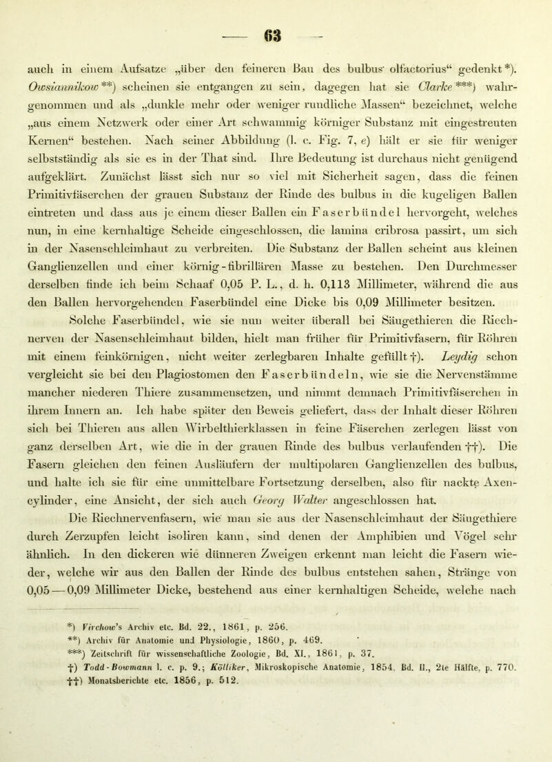 auch in einem Aufsätze „über den feineren Bau des bulbus' olfactorius“ gedenkt *). Owsiannikow**) scheinen sie entgangen zu sein, dagegen hat sie Clarke***) walir- genommen und als „dunkle mehr oder weniger rundliche Massen“ bezeichnet, welche „aus einem Netzwerk oder einer Art schwammig körniger Substanz mit eingestreuten Kernen“ bestehen. Nach seiner Abbildung (1. c. Fig. 7, e) hält er sie für weniger selbstständig als sie es in der That sind. Ihre Bedeutung ist durchaus nicht genügend aufgeklärt. Zunächst lässt sich nur so viel mit Sicherheit sagen, dass die feinen Primitivfäserchen der grauen Substanz der Rinde des bulbus in die kugeligen Ballen eintreten und dass aus je einem dieser Ballen ein Faserblindel hervorgeht, welches nun, in eine kernhaltige Scheide eingeschlossen, die lainina cribrosa passirt, um sich in der Nasenschleimhaut zu verbreiten. Die Substanz der Ballen scheint aus kleinen Ganglienzellen und einer körnig - fibrillären Masse zu bestehen. Den Durchmesser derselben linde ich beim Schaaf 0,05 P. L., d. h. 0,113 Millimeter, während die aus den Ballen hervorgehenden Faserbündel eine Dicke bis 0,09 Millimeter besitzen. Solche Faserbündel, wie sie nun weiter überall bei Säugethieren die Riech- nerven der Nasenschleimhaut bilden, hielt man früher für Primitivfasern, für Röhren mit einem feinkörnigen, nicht weiter zerlegbaren Inhalte gefüllt f). Leydig schon vergleicht sie bei den Plagiostomen den Fas erb ündel n, wie sie die Nervenstämme mancher niederen Thiere zusammensetzen, und nimmt demnach Primitivfäserchen in ihrem Innern an. Ich habe später den Beweis geliefert, dass der Inhalt dieser Röhren sich bei Thieren aus allen Wirbelthierklassen in feine Fäserchen zerlegen lässt von ganz derselben Art, wie die in der grauen Rinde des bulbus verlaufenden ft)- Die Fasern gleichen den feinen Ausläufern der multipolaren Ganglienzellen des bulbus, und halte ich sie für eine unmittelbare Fortsetzung derselben, also für nackte Axen- cylinder, eine Ansicht, der sich auch Georg Walter angeschlossen hat. Die Riechnervenfasern, wie man sie aus der Nasenschleimhaut der iSäugethiere durch Zerzupfen leicht isoliren kann, sind denen der Amphibien und Vögel sehr ähnlich. In den dickeren wie dünneren Zweigen erkennt man leicht die Fasern wie- der, welche wir aus den Ballen der Rinde des bulbus entstehen sahen, Sträno-e von 0,05 — 0,09 Millimeter Dicke, bestehend aus einer kernhaltigen Scheide, welche nach *) Virchou?s Archiv etc. Bd. '22., 1861, p. 256. **) Archiv für Anatomie und Physiologie, 1860, p. 469. ***) Zeitschrift für wissenschaftliche Zoologie, Bd. XI., 1861, p. 37. f) Todd- Bowmann 1. c. p. 9.; Kölliker, Mikroskopische Anatomie, 1854. Bd. II., 2te Hälfte, p. 770. ff) Monatsberichte etc. 1856, p. 512.