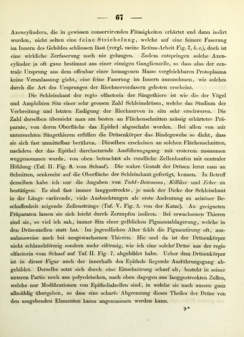 Axencylindern, die in gewissen conservir enden Flüssigkeiten erhärtet und dann isolirt wurden, nicht selten eine feine Strichelung, welche auf eine feinere Faserung im Innern des Gebildes schliessen lässt (vergl. meine Retina-Arbeit Fig. 7, b. c.), doch ist eine wirkliche Zerfaserung noch nie gelungen. Zudem entspringen solche Axen- cylinder ja oft ganz bestimmt aus einer einzigen Ganglienzelle, so dass also der cen- trale Ursprung aus dem offenbar einer homogenen Masse vergleichbaren Protoplasma keine Veranlassung giebt, eine feine Faserung im Innern anzunehmen, wie solches durch die Art des Ursprunges der Riechnervenfasern geboten erscheint. Die Schleimhaut der regio olfactoria der Säugethiere ist wie die der Vögel und Amphibien Sitz einer sehr grossen Zahl Schleimdrüsen, welche das Studium der Verbreitung und letzten Endigung der Riechnerven in situ sehr erschweren. Die Zahl derselben übersieht man am besten an Flächenschnitten mässig erhärteter Prä- parate, von deren Oberfläche das Epithel abgeschabt worden. Bei allen von mir untersuchten Säugethieren erfüllen die Drüsenkörper das Bindegewebe so dicht, dass sie sich fast unmittelbar berühren. Dieselben erscheinen an solchen Flächenschnitten, nachdem der das Epithel durchsetzende Ausführungsgang mit ersterem zusammen weggenommen wurde, von oben betrachtet als rundliche Zellenhaufen mit centraler Höhlung (Taf. II. Fig. 8. vom Schaaf). Die wahre Gestalt der Drüsen lernt man an Schnitten, senkrecht auf die Oberfläche der Schleimhaut gefertigt, kennen. In Betreff derselben habe ich nur die Angaben von Todd- Bowmann, KÖlliker und Ecker zu bestätigen. Es sind fast immer langgestreckte, je nach der Dicke der Schleimhaut in der Länge variirende, viele Ausbuchtungen als erste Andeutung zu acinöser Be- schaffenheit zeigende Zellenstränge (Taf. V. Fig. 3. von der Katze). An geeigneten Präparaten lassen sie sich leicht durch Zerzupfen isoliren. Bei erwachsenen Tliieren sind sie, so viel ich sah, immer Sitz einer gelblichen Pigmentablagerung, welche in den Drüsenzellen statt hat. Im jugendlichen Alter fehlt die Pigmentirung oft, aus- nahmsweise auch bei ausgewachsenen Tliieren. Hie und da ist der Drüsenkörper nicht schlauchförmig sondern mehr eiförmig, wie ich eine solche' Drüse aus der regio olfactoria vom Schaaf auf Taf. II. Fig 7. abgebildet habe. Ueber dem Drüsenkörper ist in dieser Figur auch der innerhalb des Epithels liegende Ausführungsgang ab- gebildet. Derselbe setzt sich durch eine Einschnürung scharf ab, besteht in seiner unteren Partie noch aus polyedrischen, nach oben dagegen aus langgestreckten Zellen, welche nur Modificationen von Epithelialzellen sind, in welche sie nach aussen ganz allmählig übergehen, so dass eine scharfe Abgrenzung dieses Theiles der Drüse von den umgebenden Elementen kaum angenommen werden kann. 9*