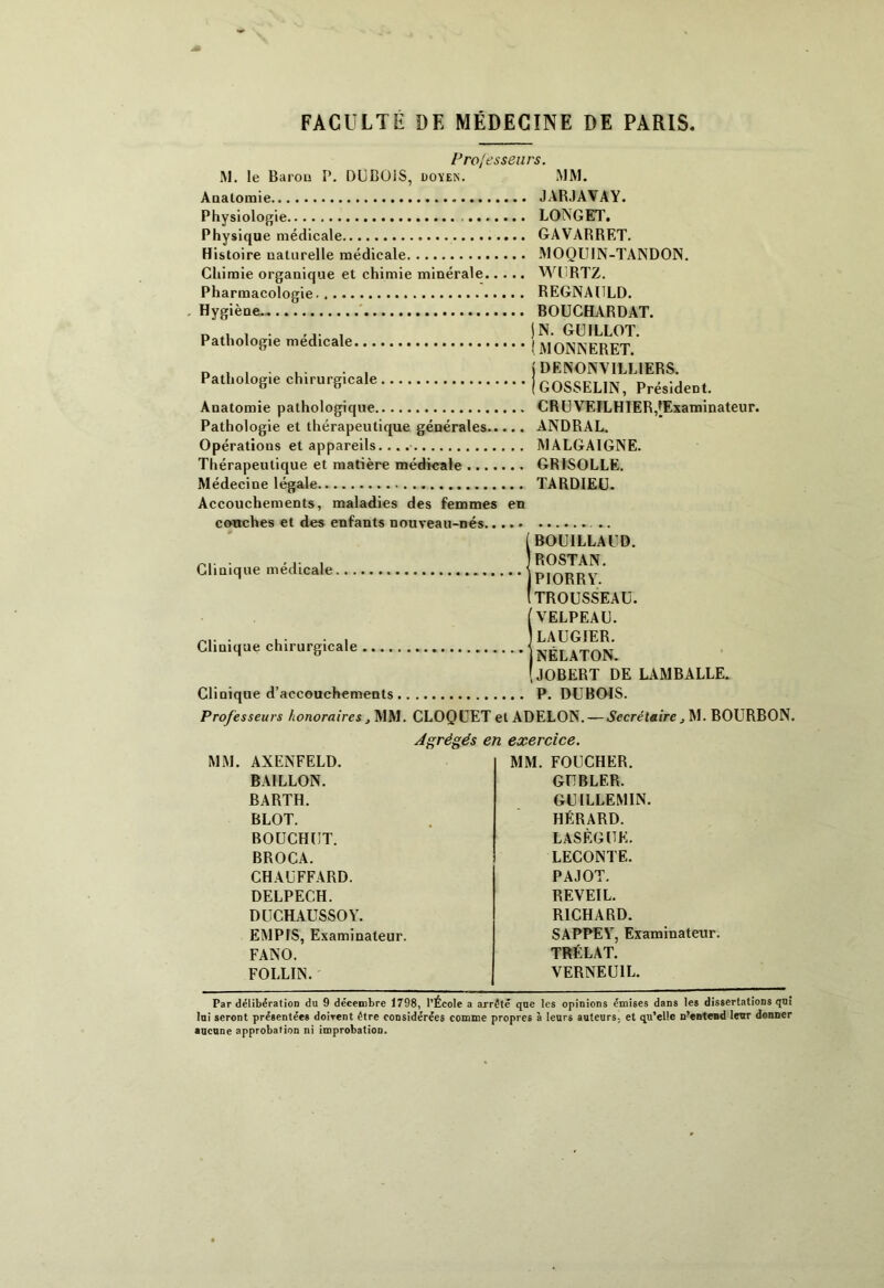 FACULTE DE MÉDECINE DE PARIS Professeurs. M. le Barou P. DUBOIS, doyen. MM. Anatomie Physiologie Physique médicale Histoire naturelle médicale Chimie organique et chimie minérale Pharmacologie. Hygiène.. Pathologie médicale Pathologie chirurgicale Anatomie pathologique Pathologie et thérapeutique générales Opérations et appareils. Thérapeutique et matière médicale Médecine légale Accouchements, maladies des femmes en couches et des enfants nouveau-nés JARJAVAY. LONGET. GAVARRET. MOOUIN-TANDON. WURTZ. REGNAULD. BOUCHARDAT. j N. GU ILLOT. (MONNERET. j DENONV1LLIERS. (GOSSELIN, Président. CRU VEILH IER,Examinateur. ANDRAL. MALGAIGNE. GRISOLLE. TARDIEU. BOUILLAUD. IROSTAN. | PIORRY. 'trousseau. VELPEAU. I LAUGIER. jNÉLATON. [JOBERT DE LAMBALLE. Clinique d’accouchements P. DUBOIS. Professeurs honoraires> MM. CLOQUET elADELON. — Secrétaire, M. BOURBON. Agrégés en exercice. Clinique médicale, Clinique chirurgicale MM. AXENFELD. MM. FOUCHER. BAILLON. GUBLF.R. BARTH. GUILLEMIN. BLOT. HÉRARD. BOUCHUT. LASÈGUE. BROCA. LECONTE. CHAUFFARD. PAJOT. DELPECH. REVEIL. DlICHAUSSOY. RICHARD. EMPIS, Examinateur. SAPPEY, Examinateur. FANO. TRÉLAT. FOLLIN. VERNEU1L. Par délibération du 9 décembre 1798, l’École a arrêté que les opinions émises dans les dissertations qui lui seront présentées doivent être considérées comme propres à leurs auteurs, et qu’elle n’enteBd leur donner aucune approbation ni improbation.