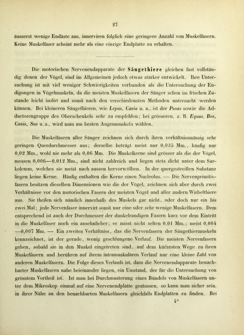 äusserst wenige Endäste aus, innerviren folglich eine geringere Anzahl von Muskelfasern. Keine Muskelfaser scheint mehr als eine einzige Endplatte zu erhalten. Die motorischen Nervenendapparate der Säuget liiere gleichen fast vollstän- dig denen der Vögel, sind im Allgemeinen jedoch etwas stärker entwickelt. Ihre Unter- suchung ist mit viel weniger Schwierigkeiten verbunden als die Untersuchung der En- digungen in Vögelmuskeln, da die meisten Muskelfasern der Säuger schon im frischen Zu- stande leicht isolirt und somit nach den verschiedensten Methoden untersucht werden können. Bei kleineren Säugethieren, wie Lepus, Cavia u. a., ist der Psoas sowie die Ad- ductorengruppe des Oberschenkels sehr zu empfehlen; bei grösseren, z. B. Equus, Dos, Canis, Sus u. a., wird man am besten Augenmuskeln wählen. Die Muskelfasern aller Säuger zeichnen sich durch ihren verhältnissmässig sehr geringen Querdurchmesser aus; derselbe beträgt meist nur 0,035 Mm., häufig nur 0,02 Mm., wohl nie mehr als 0,06 Mm. Die Muskelkerne sind grösser als die der Vögel, messen 0,006-—0,012 Mm., sind nicht zahlreich und liegen stets dicht unter dem Sar- kolemm, welches sie meist nach aussen hervorwölben. In der quergestreiften Substanz liegen keine Kerne. Häufig enthalten die Kerne einen Nucleolus. — Die Nervenprimitiv- fasern besitzen dieselben Dimensionen wie die der Vögel, zeichnen sich aber durch zwei Verhältnisse vor den motorischen Fasern der meisten Vögel und aller andern Wirbelthiere aus. Sie theilen sich nämlich innerhalb des Muskels gar nicht, oder doch nur ein bis zwei Mal; jede Nervenfaser innervirt somit nur eine oder sehr wenige Muskelfasern. Dem entsprechend ist auch der Durchmesser der dunkelrandigen Fasern kurz vor dem Eintritt in die Muskelfaser noch ein ansehnlicher; er misst nicht selten 0,01 Mm.; meist 0,004 —0,007 Mm. — Ein zweites Verhältnis, das die Nervenfasern der Säugethiermuskeln kennzeichnet, ist der gerade, wenig geschlungene Verlauf. Die meisten Nervenfasern gehen, sobald sie in den Muskel eingetreten sind, auf dem kürzesten Wege zu ihren Muskelfasern und berühren auf ihrem intramuskulären Verlauf nur eine kleine Zahl von anderen Muskelfasern. Die Folge dieses Verlaufs ist, dass die Nervenendapparate benach- barter Muskelfasern nahe beieinander liegen, ein Umstand, der für die Untersuchung von grösstem Vorlheil ist. Ist man bei Durchmusterung eines Bündels von Muskelfasern un- ter dem Mikroskop einmal auf eine Nervenendplatte gestossen, so kann man sicher sein, in ihrer Nähe an den benachbarten Muskelfasern gleichfalls Endplatten zu finden. Bei 4*