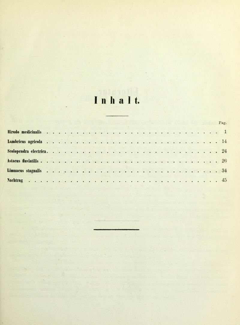 Pag. llirudo mediciualis 1 Lumbricus agricola 14 ScolopciHlra electrica 24 Astacus fluviatilis 26 Limnaeus stagualis 34 Nachtrag 45 3