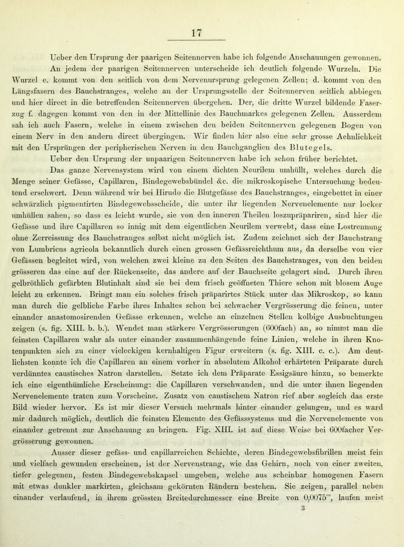 Ueber den Ursprung der paarigen Seitennerven habe ich folgende Anschauungen gewonnen. An jedem der paarigen Seitennerven unterscheide ich deutlich folgende Wurzeln. Die Wurzel e. kommt von den seitlich von dem Nervenursprung gelegenen Zellen; d. kommt von den Längsfasern des Bauchstranges, welche an der Ursprungsstelle der Seitennerven seitlich abbiegen und hier direct in die betreffenden Seitennerven übergehen. Der, die dritte Wurzel bildende Faser- zug f. dagegen kommt von den in der Mittellinie des Bauchmarkes gelegenen Zellen. Ausserdem sah ich auch Fasern, welche in einem zwischen den beiden Seitennerven gelegenen Bogen von einem Nerv in den andern direct übergingen. Wir finden hier also eine sehr grosse Aehnlichkeit mit den Ursprüngen der peripherischen Nerven in den Bauchganglien des Blutegels. Ueber den Ursprung der unpaarigen Seitennerven habe ich schon früher berichtet. Das ganze Nervensystem wird von einem dichten Neurilem umhüllt, welches durch die Menge seiner Gefässe, Capillaren, Bindegewebsbündel &c. die mikroskopische Untersuchung bedeu- tend erschwert. Denn während wir bei Hirudo die Blutgefässe des Bauchstranges, eingebettet in einer schwärzlich pigmentirten Bindegewebsscheide, die unter ihr liegenden Nervenelemente nur locker umhüllen sahen, so dass es leicht wurde, sie von den inneren Theilen loszupräpariren, sind hier die Gefässe und ihre Capillaren so innig mit dem eigentlichen Neurilem verwebt, dass eine Lostrennung ohne Zerreissung des Bauchstranges selbst nicht möglich ist. Zudem zeichnet sich der Bauchstrang von Lumbricus agricola bekanntlich durch einen grossen Gefässreichtlmm aus, da derselbe von vier Gefässen begleitet wird, von welchen zwei kleine zu den Seiten des Bauchstranges, von den beiden grösseren das eine auf der Rückenseite, das andere auf der Bauchseite gelagert sind. Durch ihren gelbröthlich gefärbten Blutinhalt sind sie bei dem frisch geöffneten Thiere schon mit blosem Auge leicht zu erkennen. Bringt man ein solches frisch präparirtes Stück unter das Mikroskop, so kann man durch die gelbliche Farbe ihres Inhaltes schon bei schwacher Vergrösserung die feinen, unter einander anastomosirenden Gefässe erkennen, -welche an einzelnen Stellen kolbige Ausbuchtungen zeigen (s. fig. XIII. b. b.). Wendet man stärkere Vergrösserungen (GOOfach) an, so nimmt man die feinsten Capillaren wahr als unter einander zusammenhängende feine Linien, welche in ihren Kno- tenpunkten sich zu einer vieleckigen kernhaltigen Figur erweitern (s. fig. XIII. c. c.). Am deut- lichsten konnte ich die Capillaren an einem vorher in absolutem Alkohol erhärteten Präparate durch verdünntes caustisches Natron darstellen. Setzte ich dem Präparate Essigsäure hinzu, so bemerkte ich eine eigentümliche Erscheinung: die Capillaren verschwanden, und die unter ihnen liegenden Nervenelemente traten zum Vorscheine. Zusatz von caustischem Natron rief aber sogleich das erste Bild wieder hervor. Es ist mir dieser Versuch mehrmals hinter einander gelungen, und es ward mir dadurch möglich, deutlich die feinsten Elemente des Gefässsystems und die Nervenelemente von einander getrennt zur Anschauung zu bringen. Fig. XIII. ist auf diese Weise bei GOOfacher Ver- grösserung gewonnen. Ausser dieser gefäss- und capillarreichen Schichte, deren Bindegewebsfibrillen meist fein und vielfach gewunden erscheinen, ist der Nervenstrang, wie das Gehirn, noch von einer zweiten, tiefer gelegenen, festen Bindegewebskapsel umgeben, welche aus scheinbar homogenen Fasern mit etwas dunkler markirten, gleichsam gekörnten Rändern bestehen. Sie zeigen, parallel neben einander verlaufend, in ihrem grössten Breitedurchmesser eine Breite von 0,0075', laufen meist 3