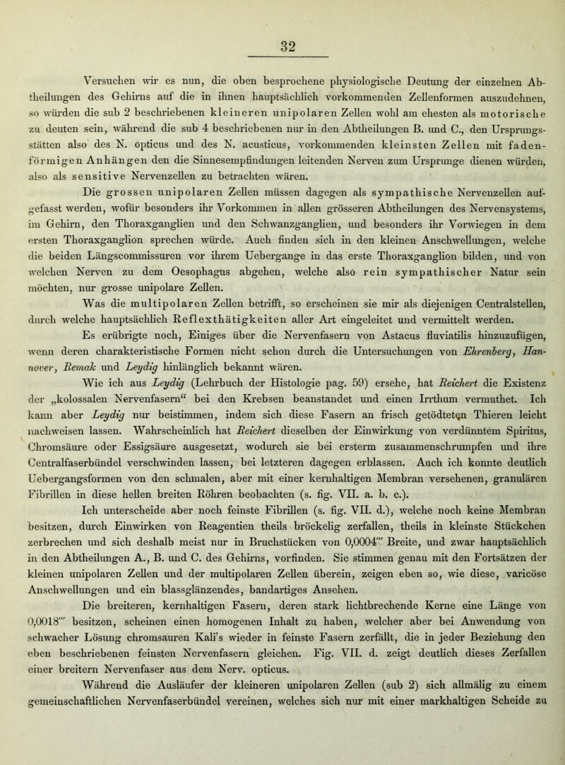 Versuchen wir es nun, die oben besprochene physiologische Deutung der einzelnen Ab- tlieilungen des Gehirns auf die in ihnen hauptsächlich vorkommenden Zellenformen auszudehnen, so würden die sub 2 beschriebenen kleineren unipolaren Zellen wohl am ehesten als motorische zu deuten sein, während die sub 4 beschriebenen nur in den Abtheilungen B. und C., den Ursprungs- stätten also des N. opticus und des N. acusticus, vorkommenden kleinsten Zellen mit faden- förmigen Anhängen den die Sinnesempfindungen leitenden Nerven zum Ursprünge dienen würden, also als sensitive Nervenzellen zu betrachten wären. Die grossen unipolaren Zellen müssen dagegen als sympathische Nervenzellen auf- gefasst werden, wofür besonders ihr Vorkommen in allen grösseren Abtheilungen des Nervensystems, im Gehirn, den Thoraxganglien und den Schwanzganglien, und besonders ihr Vorwiegen in dem ersten Thoraxganglion sprechen würde. Auch finden sich in den kleinen Anschwellungen, welche die beiden Längscommissuren vor ihrem Uebergange in das erste Thoraxganglion bilden, und von welchen Nerven zu dem Oesophagus abgehen, welche also rein sympathischer Natur sein möchten, nur grosse unipolare Zellen. Was die multipolaren Zellen betrifft, so erscheinen sie mir als diejenigen Centralstellen, durch welche hauptsächlich Reflexthätigkeiten aller Art eingeleitet und vermittelt werden. Es erübrigte noch, Einiges über die Nervenfasern von Astacus fluviatilis hinzuzufügen, wenn deren charakteristische Formen nicht schon durch die Untersuchungen von Ehrenberg, Han- nover, RemaJc und Leydig hinlänglich bekannt wären. Wie ich aus Leydig (Lehrbuch der Histologie pag. 59) ersehe, hat Reichert die Existenz der „kolossalen Nervenfasern“ bei den Krebsen beanstandet und einen Irrthum vermuthet. Ich kann aber Leydig nur beistimmen, indem sich diese Fasern an frisch getödtet^n Thieren leicht nachweisen lassen. Wahrscheinlich hat Reichert dieselben der Einwirkung von verdünntem Spiritus, Chromsäure oder Essigsäure ausgesetzt, wodurch sie bei ersterm zusammenschrumpfen und ihre Centralfaserbündel verschwinden lassen, bei letzteren dagegen erblassen. Auch ich konnte deutlich Uebergangsformen von den schmalen, aber mit einer kernhaltigen Membran versehenen, granulären Fibrillen in diese hellen breiten Röhren beobachten (s. fig. VH. a. b. c.). Ich unterscheide aber noch feinste Fibrillen (s. fig. VII. d.), welche noch keine Membran besitzen, durch Einwirken von Reagentien theils bröckelig zerfallen, theils in kleinste Stückchen zerbrechen und sich deshalb meist nur in Bruchstücken von 0,0004' Breite, und zwar hauptsächlich in den Abtheilungen A., B. und C. des Gehirns, vorfinden. Sie stimmen genau mit den Fortsätzen der kleinen unipolaren Zellen und der multipolai’en Zellen überein, zeigen eben so, wie diese, varicöse Anschwellungen und ein blassglänzendes, bandartiges Ansehen. Die breiteren, kernhaltigen Fasern, deren stark lichtbrechende Kerne eine Länge von 0,0018' besitzen, scheinen einen homogenen Inhalt zu haben, welcher aber bei Anwendung von schwacher Lösung chromsauren Kali’s wieder in feinste Fasern zerfällt, die in jeder Beziehung den eben beschriebenen feinsten Nervenfasern gleichen. Fig. VII. d. zeigt deutlich dieses Zerfallen einer breitem Nervenfaser aus dem Nerv, opticus. Während die Ausläufer der kleineren unipolaren Zellen (sub 2) sich allmälig zu einem gemeinschaftlichen Nervenfaserbündel vereinen, welches sich nur mit einer markhaltigen Scheide zu