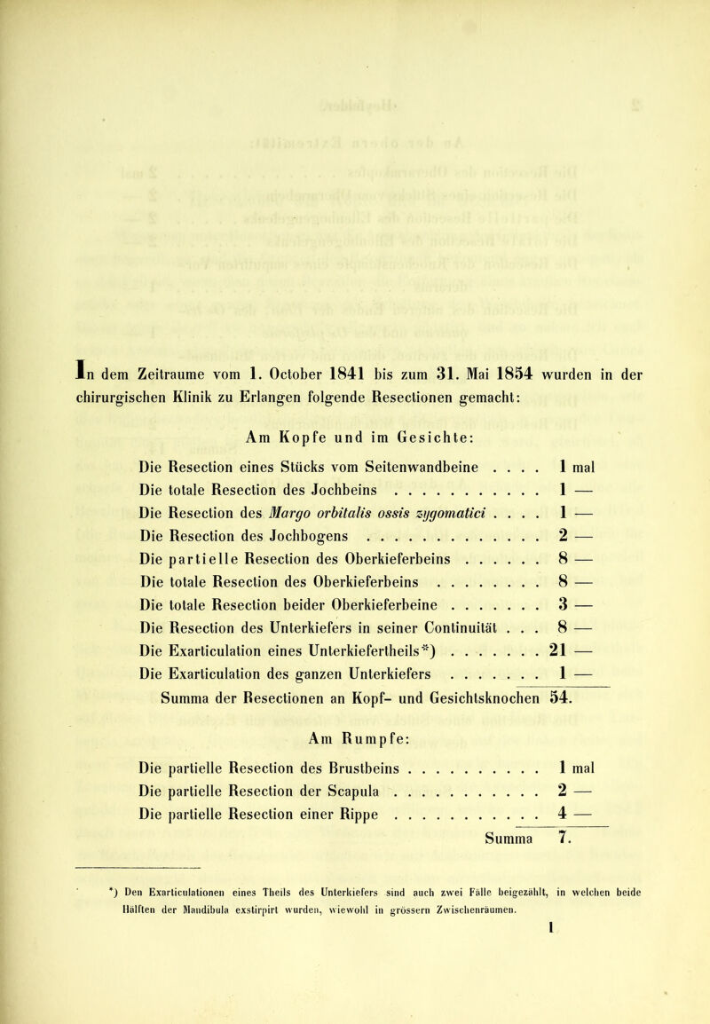 chirurgischen Klinik zu Erlangen folgende Resectionen gemacht: Am Kopfe und im Gesichte: Die Resection eines Stücks vom Seitenwandbeine .... 1 mal Die totale Resection des Jochbeins 1 — Die Resection des Margo orbitalis ossis zygomatici .... 1 — Die Resection des Jochbogens 2 — Die partielle Resection des Oberkieferbeins 8 — Die totale Resection des Oberkieferbeins 8 — Die totale Resection beider Oberkieferbeine 3 — Die Resection des Unterkiefers in seiner Continuität ... 8 — Die Exarticulation eines Unterkiefertheils ) 21 — Die Exarticulation des ganzen Unterkiefers 1 — Summa der Resectionen an Kopf- und Gesichtsknochen 54. Am Rumpfe: Die partielle Resection des Rrustbeins 1 mal Die partielle Resection der Scapula 2 — Die partielle Resection einer Rippe 4 — Summa 7. *) Den Exarliculationen eines Theils des Unterkiefers sind auch zwei Falle beigezählt, in welchen beide Hälften der Mandibula exstirpirt wurden, wiewohl in grossem Zwischenräumen. I