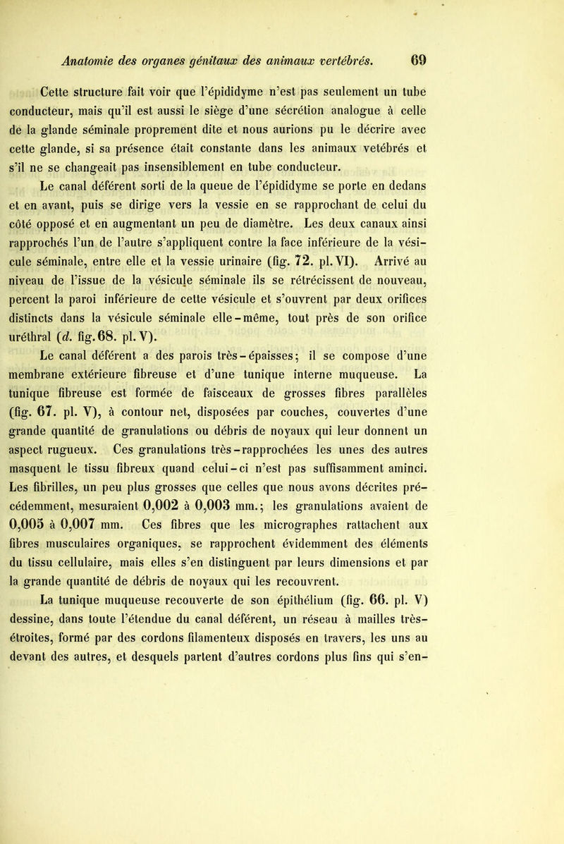 Cette structure fait voir que l’épididyme n’est pas seulement un tube conducteur, mais qu’il est aussi le siège d’une sécrétion analogue à celle de la glande séminale proprement dite et nous aurions pu le décrire avec cette glande, si sa présence était constante dans les animaux vetébrés et s’il ne se changeait pas insensiblement en tube conducteur. Le canal déférent sorti de la queue de l’épididyme se porte en dedans et en avant, puis se dirige vers la vessie en se rapprochant de celui du côté opposé et en augmentant un peu de diamètre. Les deux canaux ainsi rapprochés l’un de l’autre s’appliquent contre la face inférieure de la vési- cule séminale, entre elle et la vessie urinaire (fîg. 72. pl.YI). Arrivé au niveau de l’issue de la vésicule séminale ils se rétrécissent de nouveau, percent la paroi inférieure de cette vésicule et s’ouvrent par deux orifices distincts dans la vésicule séminale elle-même, tout près de son orifice uréthral {d. fîg. 68. pl. Y). Le canal déférent a des parois très-épaisses; il se compose d’une membrane extérieure fibreuse et d’une tunique interne muqueuse. La tunique fibreuse est formée de faisceaux de grosses fibres parallèles (fîg. 67. pl. V), à contour net, disposées par couches, couvertes d’une grande quantité de granulations ou débris de noyaux qui leur donnent un aspect rugueux. Ces granulations très-rapprochées les unes des autres masquent le tissu fibreux quand celui-ci n’est pas suffisamment aminci. Les fibrilles, un peu plus grosses que celles que nous avons décrites pré- cédemment, mesuraient 0,002 à 0,003 mm.; les granulations avaient de 0,005 à 0,007 mm. Ces fibres que les micrographes rattachent aux fibres musculaires organiques, se rapprochent évidemment des éléments du tissu cellulaire, mais elles s’en distinguent par leurs dimensions et par la grande quantité de débris de noyaux qui les recouvrent. La tunique muqueuse recouverte de son épithélium (fig. 66. pl. V) dessine, dans toute l’étendue du canal déférent, un réseau à mailles très- étroites, formé par des cordons filamenteux disposés en travers, les uns au devant des autres, et desquels partent d’autres cordons plus fins qui s’en-