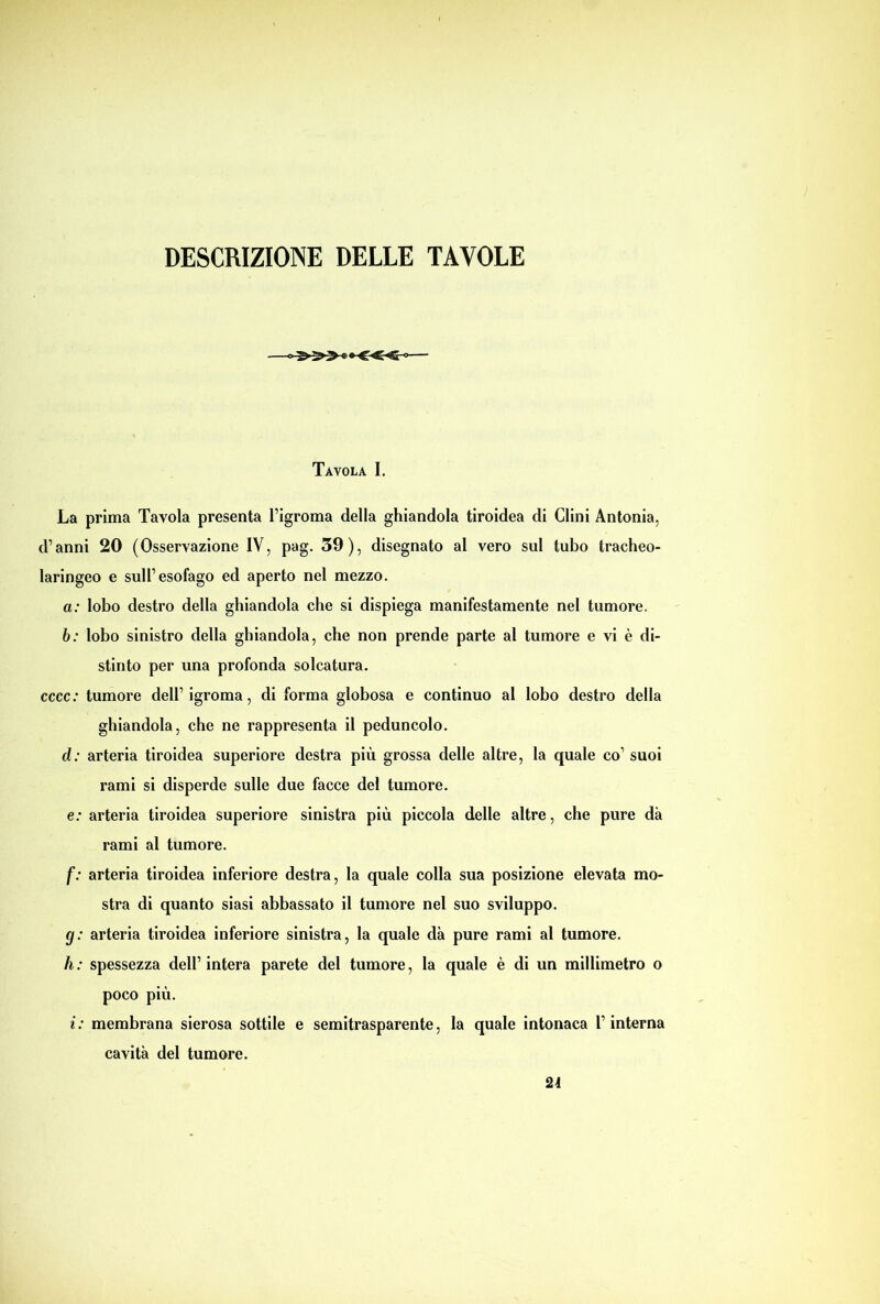 DESCRIZIONE DELLE TAVOLE Tavola I. La prima Tavola presenta l’igroma della ghiandola tiroidea di Clini Antonia, d’anni 20 (Osservazione IV, pag. 39), disegnato al vero sul tubo tracheo- laringeo e sull’esofago ed aperto nel mezzo. a: lobo destro della ghiandola che si dispiega manifestamente nel tumore. b: lobo sinistro della ghiandola, che non prende parte al tumore e vi è di- stinto per una profonda solcatura. cccc : tumore dell’igroma, di forma globosa e continuo al lobo destro della ghiandola, che ne rappresenta il peduncolo. d: arteria tiroidea superiore destra più grossa delle altre, la quale co’ suoi rami si disperde sulle due facce del tumore. e: arteria tiroidea superiore sinistra più piccola delle altre, che pure dà rami al tumore. f: arteria tiroidea inferiore destra, la quale colla sua posizione elevata mo- stra di quanto siasi abbassato il tumore nel suo sviluppo. g: arteria tiroidea inferiore sinistra, la quale dà pure rami al tumore. h : spessezza dell’ intera parete del tumore, la quale è di un millimetro o poco più. i : membrana sierosa sottile e semitrasparente, la quale intonaca l’interna cavità del tumore. 21