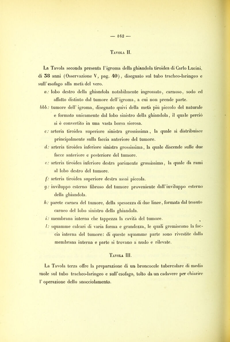 4 62 — Tavola li. La Tavola seconda presenta l’igroma della ghiandola tiroidea di Carlo Lucini. di 38 anni (Osservazione V, pag. 40), disegnato sul tubo tracheo-laringeo e sull’ esofago alla metà del vero. a: lobo destro della ghiandola notabilmente ingrossato, carnoso, sodo ed affatto distinto dal tumore deH’igroma, a cui non prende parte. bbb: tumore dell’igroma, disegnato quivi della metà più piccolo del naturale e formato unicamente dal lobo sinistro della ghiandola, il quale perciò si è convertilo in una vasta borsa sierosa. c: arteria tiroidea superiore sinistra grossissima , la quale si distribuisce principalmente sulla faccia anteriore del tumore. d: arteria tiroidea inferiore sinistra grossissima, la quale discende sulle due facce anteriore e posteriore del tumore. e: arteria tiroidea inferiore destra parimente grossissima, la quale dà rami al lobo destro del tumore. f: arteria tiroidea superiore destra assai piccola. (j : inviluppo esterno fibroso del tumore proveniente dall’inviluppo esterno della ghiandola. li: parete carnea del tumore, della spessezza di due linee, formata dal tessuto carneo del lobo sinistro della ghiandola. i: membrana interna che tappezza la cavità del tumore. I: squamine calcari di varia forma e grandezza, le quali gremiscono la {ac- cia interna del tumore: di queste squamme parte sono rivestite dalla membrana interna e parte si trovano a nudo e rilevate. Tavola III. La Tavola terza offre la preparazione di un broncocele tubercolare di media mole sul tubo tracheo-laringeo e sull’esofago, tolto da un cadavere per chiarire 1' operazione dello snocciolamene).