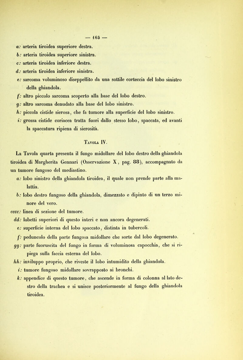 — I6S — a: arteria tiroidea superiore destra. b: arteria tiroidea superiore sinistra, c: arteria tiroidea inferiore destra. d: arteria tiroidea inferiore sinistra. e: sarcoma voluminoso diseppellito da una sottile corteccia del lobo sinistro della ghiandola. f: altro piccolo sarcoma scoperto alla base del lobo destro. g: altro sarcoma denudato alla base del lobo sinistro. h: piccola cistide sierosa, che fa tumore alla superficie del lobo sinistro. i: grossa cistide coriacea tratta fuori dallo stesso lobo, spaccata, ed avanti la spaccatura ripiena di sierosità. Tavola IV. La Tavola quarta presenta il fungo midollare del lobo destro della ghiandola tiroidea di Margherita Gennari (Osservazione X, pag. 88), accompagnato da un tumore fungoso del mediastino. a: lobo sinistro della ghiandola tiroidea, il quale non prende parte alla ma- lattia. b: lobo destro fungoso della ghiandola, dimezzato e dipinto di un terzo mi- nore del vero. cccc: linea di sezione del tumore. dd: lobetti superiori di questo interi e non ancora degenerati. e: superficie interna del lobo spaccato, distinta in tubercoli. f: peduncolo della parte fungosa midollare che sorte dal lobo degenerato. gg: parte fuoruscita del fungo in forma di voluminosa capocchia, che si ri- piega sulla faccia esterna del lobo. hh: inviluppo proprio, che riveste il lobo intumidito della ghiandola. i: tumore fungoso midollare sovrapposto ai bronchi. k: appendice di questo tumore, che ascende in forma di colonna al lato de- stro della trachea e si unisce posteriormente al fungo della ghiandola tiroidea.