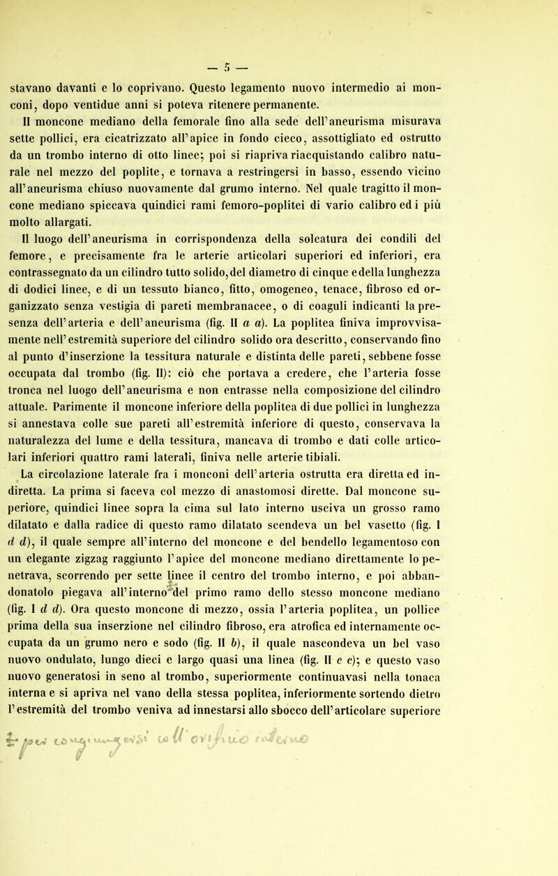 stavano davanti e lo coprivano. Questo legamento nuovo intermedio ai mon- coni, dopo ventidue anni si poteva ritenere permanente. II moncone mediano della femorale fino alla sede dell’aneurisma misurava sette pollici, era cicatrizzato all’apice in fondo cieco, assottigliato ed ostruito da un trombo interno di otto linee; poi si riapriva riaequistando calibro natu- rale nel mezzo del poplite, e tornava a restringersi in basso, essendo vicino all’aneurisma chiuso nuovamente dal grumo interno. Nel quale tragitto il mon- cone mediano spiccava quindici rami femoro-poplitei di vario calibro ed i più molto allargati. Il luogo dell’aneurisma in corrispondenza della solcatura dei condili del femore, e precisamente fra le arterie articolari superiori ed inferiori, era contrassegnato da un cilindro tutto solido, del diametro di cinque e della lunghezza di dodici linee, e di un tessuto bianco, fitto, omogeneo, tenace, fibroso ed or- ganizzato senza vestigia di pareti membranacee, o di coaguli indicanti la pre- senza dell’arteria e dell’aneurisma (fig. II a a). La poplitea finiva improvvisa- mente nell’estremità superiore del cilindro solido ora descritto, conservando fino al punto d’inserzione la tessitura naturale e distinta delle pareti, sebbene fosse occupata dal trombo (fig. II): ciò che portava a credere, che l’arteria fosse tronca nel luogo dell’aneurisma e non entrasse nella composizione del cilindro attuale. Parimente il moncone inferiore della poplitea di due pollici in lunghezza si annestava colle sue pareti all’estremità inferiore di questo, conservava la naturalezza del lume e della tessitura, mancava di trombo e dati colle artico- lari inferiori quattro rami laterali, finiva nelle arterie tibiali. La circolazione laterale fra i monconi dell’arteria ostruita era diretta ed in- diretta. La prima si faceva col mezzo di anastomosi dirette. Dal moncone su- periore, quindici linee sopra la cima sul lato interno usciva un grosso ramo dilatato e dalla radice di questo ramo dilatato scendeva un bel vasetto (fig. I d d), il quale sempre all’interno del moncone e del bendello legamentoso con un elegante zigzag raggiunto l’apice del moneone mediano direttamente lo pe- netrava, scorrendo per sette |inee il centro del trombo interno, e poi abban- donatolo piegava all’interno^del primo ramo dello stesso moncone mediano (fig. I d d). Ora questo moncone di mezzo, ossia l’arteria poplitea, un pollice prima della sua inserzione nel cilindro fibroso, era atrofica ed internamente oc- cupata da un grumo nero e sodo (fig. II &), il quale nascondeva un bel vaso nuovo ondulato, lungo dieci e largo quasi una linea (fig. II c c); e questo vaso nuovo generatosi in seno al trombo, superiormente continuavasi nella tonaca interna e si apriva nel vano della stessa poplitea, inferiormente sortendo dietro l’estremità del trombo veniva ad innestarsi allo sbocco dell’articolare superiore