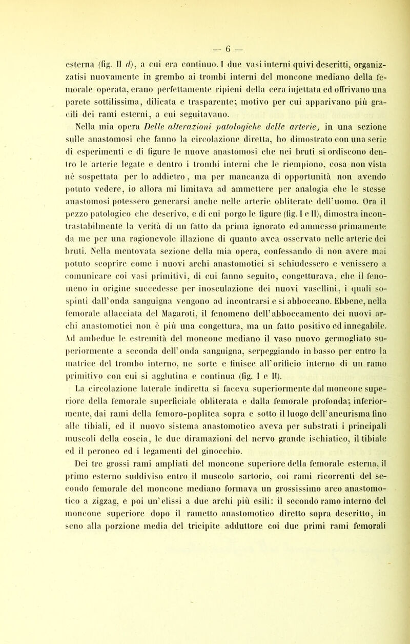 esterna ((ig. II rf), a eui era eoiitinuo. I due vasi interni quivi descritti, organiz- zatisi nuovamente in grembo ai trombi interni del moncone mediano della fe- morale operata, erano perfettamente ripieni della cera iniettata ed offrivano una parete sottilissima, dilicata e trasparente; motivo per cui apj)arivano più gra- cili dei rami esterni, a cui seguitavano. Nella mia opera Delle allerazinni patologiche delle arterie,, in una sezione sulle anastomosi che fanno la circolazione diretta, ho dimostrato con una serie di esperimenti c di figure le nuove anastomosi che nei bruti si ordiscono den- tro le arterie legate c dentro i trombi interni che le riempiono, cosa non vista nè sospettata per lo addietro, ma per mancanza di opportunità non avendo potuto vedere, io allora mi limitava ad ammettere per analogia che le stesse anastomosi potessero generarsi anche nelle arterie obliterate dell’uomo. Ora il ])czzo patologico che descrivo, e di cui i)orgo le figure (lìg. 1 e 11), dimostra incon- trastabilmente la verità di un fatto da prima ignorato ed ammesso primamente da me per una ragionevole illazione di quanto avea osservato nelle arterie dei bruti. Nella mentovata sezione della mia opera, confessando di non avere mai ))Oluto scoprire come i nuovi archi anastomotici si schiudessero e venissero a comunicare coi vasi primitivi, di cui fanno seguito, congetturava, che il feno- meno in origine succedesse per inosculazione dei nuovi vasellini, i (juali so- sj)inti dall’onda sanguigna vengono ad incontrarsi c si abboccano. Ebbene, nella femorale allacciata del Magaroti, il fenomeno dell’abboccamento dei nuovi ar- chi anastomotici non è j)iù una congettura, ma un fatto positivo ed innegabile. Ad ambedue le estremità del moncone mediano il vaso nuovo germogliato su- periormente a seconda dell’onda sanguigna, serpeggiando in basso per entro la malriee del trombo interno, nc sorte e finisce all’orificio interno di un ramo primitivo con cui si agglutina e continua (fig. I e li). La circolazione laterale indiretta si faceva superiormente dal moncone supe- riore della femorale superficiale obliterata e dalla femorale j)rofonda; inferior- mente, dai rami della femoro-poplitea sopra c sotto il luogo dell’aneurisma fino alle tibiali, ed il nuovo sistema anastomotico aveva per substrati i principali muscoli della coscia, le due diramazioni del nervo grande ischiatico, il tibiale ed il peroneo ed i legamenti del ginocchio. Dei tre grossi rami ampliati del moncone superiore della femorale esterna, il primo esterno suddiviso entro il muscolo sartorio, coi rami ricorrenti del se- condo femorale del moncone mediano formava un grossissimo arco anastomo- tico a zigzag, e poi un’dissi a due archi più esili: il secondo ramo interno del moncone supcriore dopo il rametto anastomotico diretto sopra descritto, in seno alla porzione media del tricipite adduttore coi due primi rami femorali