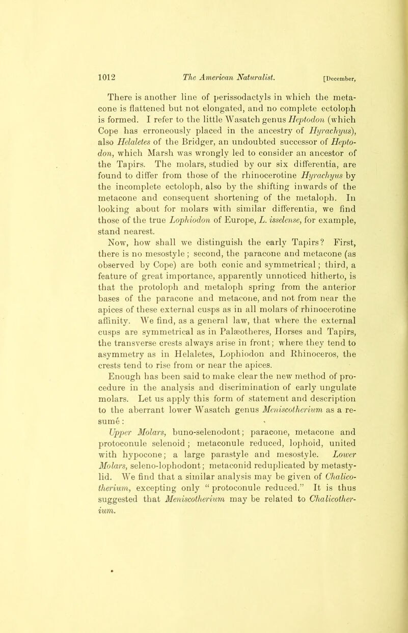 There is another line of perissodactyls in which the meta- cone is flattened but not elongated, and no complete ectoloph is formed. I refer to the little Wasatch genus Heptodon (which Cope has erroneously placed in the ancestry of Hyrachyus), also Helaletes of the Bridger, an undoubted successor of Hepto- don, which Marsh was wrongly led to consider an ancestor of the Tapirs. The molars, studied by our six differentia, are found to differ from those of the rhinocerotine Hyrachyus by the incomplete ectoloph, also by the shifting inwards of the metacone and consequent shortening of the metaloph. In looking about for molars with similar differentia, we find those of the true Lophiodon of Europe, L. isselense, for example, stand nearest. Now, how shall we distinguish the early Tapirs? First, there is no mesostyle ; second, the paracone and metacone (as observed by Cope) are both conic and symmetrical; third, a feature of great importance, apparently unnoticed hitherto, is that the protoloph and metaloph spring from the anterior bases of the paracone and metacone, and not from near the apices of these external cusps as in all molars of rhinocerotine affinity. We find, as a general law, that where the external cusps are symmetrical as in Palaeotheres, Horses and Tapirs, the transverse crests always arise in front; where they tend to asymmetry as in Helaletes, Lophiodon and Rhinoceros, the crests tend to rise from or near the apices. Enough has been said to make clear the new method of pro- cedure in the analysis and discrimination of early ungulate molars. Let us apply this form of statement and description to the aberrant lower Wasatch genus Meniscotherium as a re- sume : Upper Molars, buno-selenodont; paracone, metacone and protoconule selenoid ; metaconule reduced, lophoid, united with hypocone; a large parastyle and mesostyle. Lower Molars, seleno-lopbodont; metaconid reduplicated by metasty- lid. We find that a similar analysis may be given of Chalico- therium, excepting only “ protoconule reduced.” It is thus suggested that Meniscotherium may be related to Chalicother- ium.