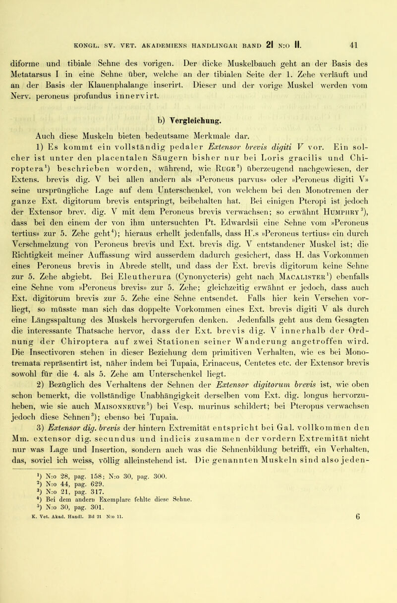 diforme und tibiale Sehne des vorigen. Der dicke Muskelbauch geht an der Basis des Metatarsus I in eine Sehne über, welche an der tibialen Seite der 1. Zehe verläuft und an der Basis der Klauenphalange inserirt. Dieser und der vorige Muskel werden vom Nerv, peroneus profundus innervirt. b) Vergleichung. Auch diese Muskeln bieten bedeutsame Merkmale dar. 1) Es kommt ein vollständig pedaler Extensor brevis digiti V vor. Ein sol- cher ist unter den placentalen Säugern bisher nur bei Loris gracilis und Chi- roptera1 2) beschrieben worden, während, wie Rüge') überzeugend nachgewiesen, der Extens. brevis dig. V bei allen andern als »Peroneus parvus» oder »Peroneus digiti V» seine ursprüngliche Lage auf dem Unterschenkel, von welchem bei den Monotremen der ganze Ext. digitorum brevis entspringt, beibehalten hat. Bei einigen Pteropi ist jedoch der Extensor brev. dig. V mit dem Peroneus brevis verwachsen; so erwähnt Humphry3), dass bei den einem der von ihm untersuchten Pt. Edwardsii eine Sehne vom »Peroneus tertius» zur 5. Zehe geht4); hieraus erhellt jedenfalls, dass H’.s »Peroneus tertius» ein durch Verschmelzung von Peroneus brevis und Ext. brevis dig. V entstandener Muskel ist; die Richtigkeit meiner Auffassung wird ausserdem dadurch gesichert, dass H. das Vorkommen eines Peroneus brevis in Abrede stellt, und dass der Ext. brevis digitorum keine Sehne zur 5. Zehe abgiebt. Bei Eleutherura (Cynonycteris) geht nach Macalister1) ebenfalls eine Sehne vom »Peroneus brevis» zur 5. Zehe; gleichzeitig erwähnt er jedoch, dass auch Ext. digitorum brevis zur 5. Zehe eine Sehne entsendet. Falls hier kein Versehen vor- liegt, so müsste man sich das doppelte Vorkommen eines Ext. brevis digiti V als durch eine Längsspaltung des Muskels hervorgerufen denken. Jedenfalls geht aus dem Gesagten die interessante Thatsache hervor, dass der Ext. brevis dig. V innerhalb der Ord- nung der Chiroptera auf zwei Stationen seiner Wanderung angetroffen wird. Die Inseetivoren stehen in dieser Beziehung dem primitiven Verhalten, wie es bei Mono- tremata repräsentirt ist, näher indem bei Tupaia, Erinaceus, Centetes etc. der Extensor brevis sowohl für die 4. als 5. Zehe am Unterschenkel liegt. 2) Bezüglich des Verhaltens der Sehnen der Extensor digitorum brevis ist, wie oben schon bemerkt, die vollständige Unabhängigkeit derselben vom Ext. dig. longus hervorzu- heben, wie sie auch Maisonneuve5) bei Vesp. murinus schildert; bei Pteropus verwachsen jedoch diese Sehnen3); ebenso bei Tupaia. 3) Extensor dig. brevis der hintern Extremität entspricht bei Gal. vollkommen den Mm. extensor dig. secundus und indicis zusammen der vordem Extremität nicht nur was Lage und Insertion, sondern auch was die Sehnenbildung betrifft, ein Verhalten, das, soviel ich weiss, völlig alleinstehend ist. Die genannten Muskeln sind also jeden- *) N:o 28, pag. 158; N:o 30, pag. 300. 2) N:o 44, pag. 629. 3) N:o 21, pag. 317. 4) Bei dem andern Exemplare fehlte diese Sehne. °) N:o 30, pag. 301. K. Vet. Akad. Handl. Bd 21 N:o 11. 6