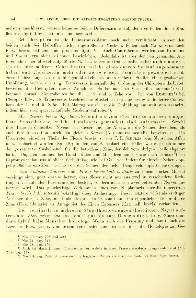 meisten anschliesst, weisen keine so reiche Ditferenzirung auf, denn es fehlen ihnen Mm. flexores digiti brevis laterales und accessorius. Bei Chiroptera ist die Plantarmuskulatur noch mehr vereinfacht. Ausser den beiden auch bei Halbaffen nicht angetroffenen Muskeln, fehlen nach Macalister auch Flex. brevis hallucis und proprius digiti V. Auch Contrahentes werden von Humphry und Macalister nicht bei ihnen beschrieben. Jedenfalls ist aber der von genannten Au- toren als neuer Muskel aufgeführte M. transversus (transversalis pedis) nichts anderes als ein oder mehrere Contrahentes, welche einen queren Verlauf angenommen haben und gleichzeitig mehr oder weniger weit distalwärts gewandert sind. Sowohl ihre Lage zu den übrigen Muskeln, als auch mehrere Stadien einer gradweisen Umbildung, welche der s. g. Transversus innerhalb der Ordnung der Chiroptera darbietet, beweisen die Richtigkeit dieser Annahme. So kommen bei Vespertilio murinus1) voll- kommen normale Contrahentes für die 1., 2. und 5. Zehe vor. Der von Humphry2) bei Pteropus Edw. als Transversus beschriebene Muskel ist ein nur wenig veränderter Contra- hens der 1. und 5. Zehe. Bei Macroglossus3) ist die Umbildung am weitesten avancirt, indem hier zwei querverlaufende Muskeln auftreten4). Mm. flexores breves dig. laterales sind als vom Flex. digitorum brevis abge- löste Muskelbäuche, welche distalwärts gewandert sind, aufzufassen. Sowohl ihre Lage in demselben Niveau wie dieser und ihr Ansatz an die Sehnen desselben, als auch ihre Innervation durch den gleichen Nerven (N. plantaris medialis) beweisen es. Ein Übertreten einzelner Theile des Flexor brevis ist von F. E. Schulze beim Menschen, Affen u. a. beobachtet worden (N:o 48); in den von S. beobachteten Fällen war es jedoch immer der gesammte Muskelbauch für die betreffende Zehe, der sich vom übrigen Theile abgelöst hatte. Dagegen kommen bei Hund, Katze und Mus decumanus sowie nach Dobson5) bei Capromys melanurus ähnliche Verhältnisse wie bei Gal. vor, indem für einzelne Zehen dop- pelte Bäuche existiren, welche von den Sehnen der tiefen Beugersehnenplatte entspringen. Dass Abductor liallucis und Flexor brevis hall, medialis zu Einem starken Muskel vereinigt sind, geht daraus hervor, dass dieser nicht nur aus zwei in verschiedene Rich- tungen verlaufenden Faserschichten besteht, sondern auch von zwei getrennten Nerven in- nervirt wird. Das gleichzeitige Vorkommen eines vom N. plantaris lateralis innervirten Flexor brevis hall, lateralis bekräftigt diese Auffassung. Dieser letztere wirkt als kräftiger Anzieher der 1. Zehe, nicht als Flexor. Es ist somit nur Ein eigentlicher Flexor dieser Zehe (Flex. fibularis) als Antagonist des Einen Extensors (Ext. hall, brevis) vorhanden. Der vereinzelt in mehreren Säugethierordnungen (Insectivoren, Nager) auf- tretende Flex. accessorius ist dem Caput plantare flexoris digit. long. (Caro qua- drata Sylvii) beim Menschen homolog. Wenn auch der Ursprung und damit auch die Lage des Flex. access. von diesem verschieden sind, so wird doch die Homologie zur Ge- x) N:o 30, pag. 298 und 300. -) N:o 21, pag. 316. 3) N:o 28, pag. 159. 4) Auch bei Manis kommen Contrahentes vor, welche in einen Transversus-Muske) umgewandelt sind (N:o 21 b, pag. 74). 5) N:o 10, pag. 246; D. bezeichnet die fraglichen Partien als »the deep part» des Flex. digit. brevis.