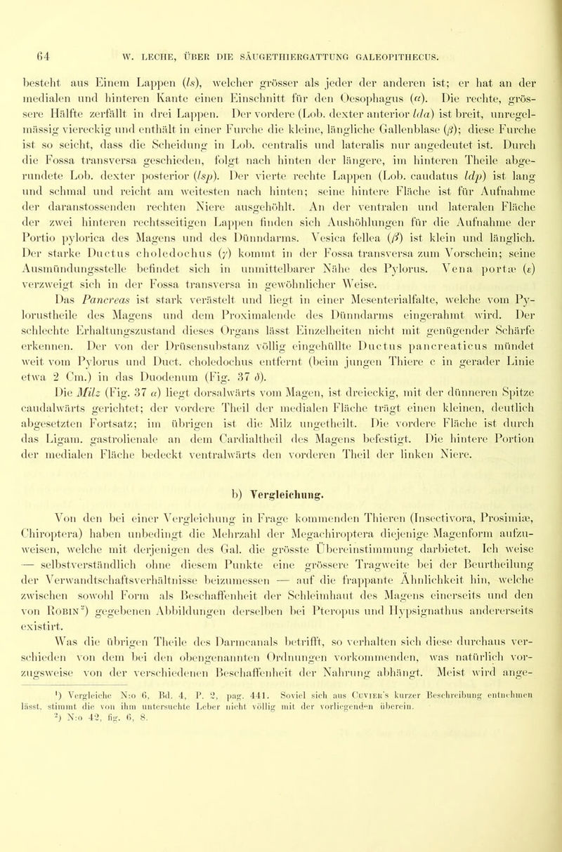 besteht aus Einem Lappen (Is), welcher grösser als jeder der anderen ist; er hat an der medialen und hinteren Kante einen Einschnitt für den Oesophagus («). Eie rechte, grös- sere Hälfte zerfällt in drei Lappen. Der vordere (Lob. dexter anterior Ida) ist breit, unregel- mässig viereckig und enthält in einer Furche die kleine, längliche Gallenblase (ß); diese Furche ist so seicht, dass die Scheidung in Lob. centralis und lateralis nur angedeutet ist. Durch die Fossa transversa geschieden, folgt nach hinten der längere, im hinteren Theile abge- rundete Lob. dexter posterior (Isp). Der vierte rechte Lappen (Lob. caudatus Idp) ist lang und schmal und reicht am weitesten nach hinten; seine hintere Fläche ist für Aufnahme der daranstossenden rechten Niere ausgehöhlt. An der ventralen und lateralen Fläche der zwei hinteren rechtsseitigen Lappen finden sich Aushöhlungen für die Aufnahme der Portio pylorica des Magens und des Dünndarms. Vesica fellea (ß) ist klein und länglich. Der starke Ductus choledochus (y) kommt in der Fossa transversa zum Vorschein; seine Ausmündungsstelle befindet sich in unmittelbarer Nähe des Pylorus. Vena porta? (e) verzweigt sich in der Fossa transversa in gewöhnlicher Weise. Das Pancreas ist stark verästelt und liegt in einer Mesenterialfalte, welche vom Py- lorustheile des Magens und dem Proximalende des Dünndarms eingerahmt wird. Der schlechte Erhaltungszustand dieses Organs lässt Einzelheiten nicht mit genügender Schärfe erkennen. Der von der Drüsensubstanz völlig eingehüllte Ductus pancreaticus mündet weit vom Pylorus und Duet. choledochus entfernt (beim jungen Thiere c in gerader Linie etwa 2 Cm.) in das Duodenum (Fig. 37 4). Die Milz (Fig. 37 a) liegt dorsalwärts vom Magen, ist dreieckig, mit der dünneren Spitze caudalwärts gerichtet; der vordere Theil der medialen Fläche trägt einen kleinen, deutlich abgesetzten Fortsatz; im übrigen ist die Milz ungetheilt. Die vordere Fläche ist durch das Ligam. gastrolienale an dem Cardialtheil des Magens befestigt. Die hintere Portion der medialen Fläche bedeckt ventralwärts den vorderen Theil der linken Niere. b) Vergleichung. Von den bei einer Vergleichung in Frage kommenden Thieren (Insectivora, Prosimise, Chiroptera) haben unbedingt die Mehrzahl der Megachiroptera diejenige Magenform aufzu- weisen, welche mit derjenigen des Gal. die grösste Libereinstimmung darbietet. Ich weise — selbstverständlich ohne diesem Punkte eine grössere Tragweite bei der Beurtheilung der Verwandtschaftsverhältnisse beizumessen — auf die frappante Ähnlichkeit hin, welche zwischen sowohl Form als Beschaffenheit der Schleimhaut des Magens einerseits und den von Robin“) gegebenen Abbildungen derselben bei Pteropus und Hypsignathus andererseits existirt. Was die übrigen Theile des Darmcanals betrifft, so verhalten sich diese durchaus ver- schieden von dem bei den obengenannten Ordnungen vorkommenden, was natürlich vor- zugsweise von der verschiedenen Beschaffenheit der Nahrung abhängt. Meist wird ange- ') Vergleiche N:o 6, Bel. 4, P. 2, pag. 441. Soviel sich ans Cuvieii's kurzer Beschreibung entnehmen lässt, stimmt die von ihm untersuchte Leber nicht völlig mit der vorliegenden überein. 2) N:o 42, fig. 6, 8.