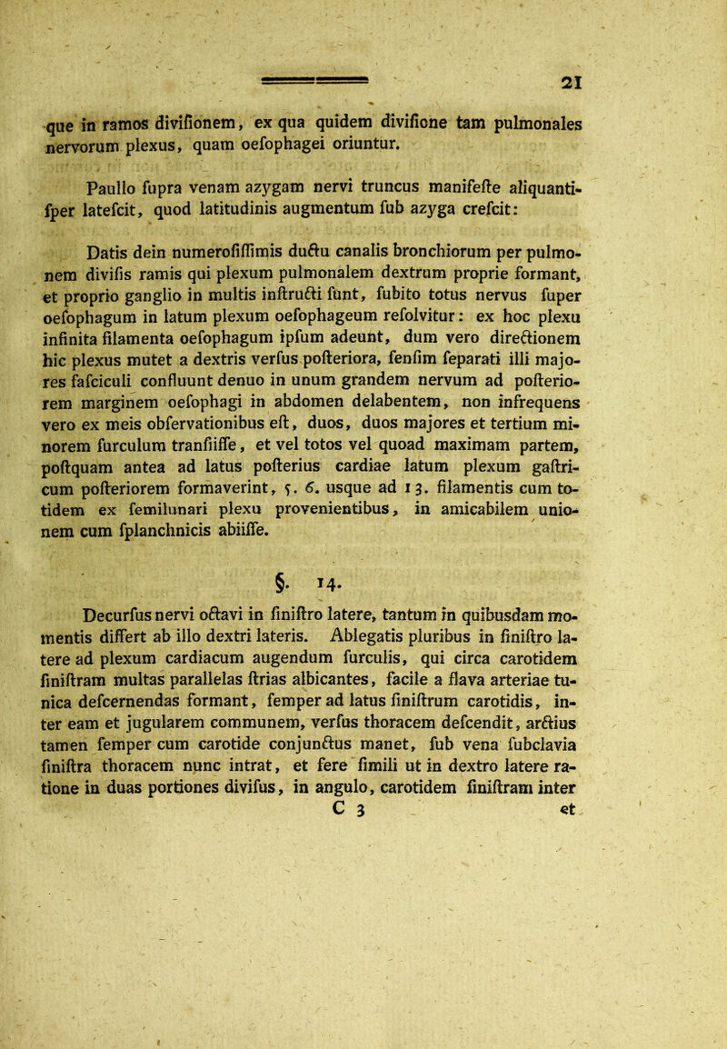 que in ramos divifionem, ex qua quidem divifione tam pulmonales nervorum plexus, quam oefophagei oriuntur. Paullo fupra venam azygam nervi truncus manifefte aliquanti- fper latefcit, quod latitudinis augmentum fub azyga crefcit: Datis dein numerofiflimis duftu canalis bronchiorum per pulmo- nem divifis ramis qui plexum pulmonalem dextrum proprie formant, et proprio ganglio in multis inftrutti funt, fubito totus nervus fuper oefophagum in latum plexum oefophageum refolvitur; ex hoc plexu infinita filamenta oefophagum ipfum adeunt, dum vero direftionem hic plexus mutet a dextris verfus pofteriora, fenfim feparati illi majo- res fafciculi confluunt denuo in unum grandem nervum ad pofterio- rem marginem oefophagi in abdomen delabentem, non infrequens vero ex meis obfervationibus eft, duos, duos majores et tertium mi- norem furculum tranfiiffe, et vel totos vel quoad maximam partem, poftquam antea ad latus pofterius cardiae latum plexum gaftri- cum pofteriorem formaverint, 5. 6. usque ad 13. filamentis cum to- tidem ex femilunari plexu provenientibus, in amicabilem unio* nem cum fplanchnicis abiiffe. §• 14- Decurfus nervi oftavi in finiftro latere, tantum in quibusdam mo- mentis differt ab illo dextri lateris. Ablegatis pluribus in finiftro la- tere ad plexum cardiacum augendum furculis, qui circa carotidem finiftram multas parallelas ftrias albicantes, facile a flava arteriae tu- nica defcernendas formant, femper ad latus finiftrum carotidis, in- ter eam et jugularem communem, verfus thoracem defcendit, ar&ios tamen femper cum carotide conjunftus manet, fub vena fubclavia finiftra thoracem nunc intrat, et fere fimili ut in dextro latere ra- tione in duas portiones divifus, in angulo, carotidem finiftram inter C 3 et 1