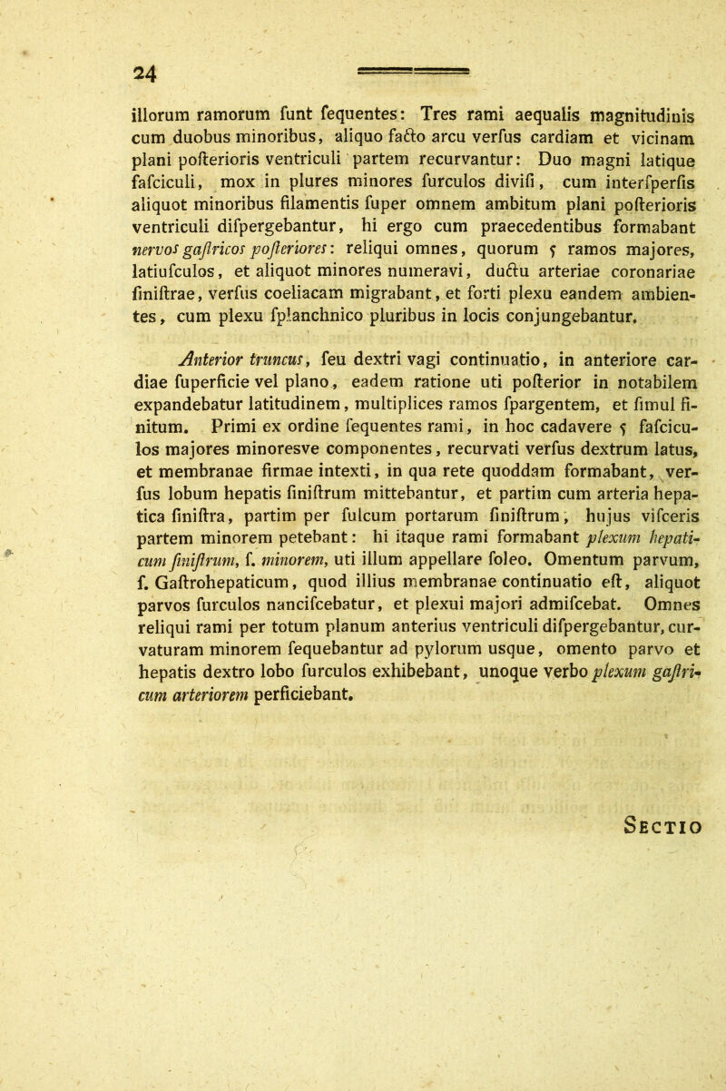 illorum ramorum funt fequentes: Tres rami aequalis magnitudinis cum duobus minoribus, aliquo fa&o arcu verfus cardiam et vicinam plani pofterioris ventriculi partem recurvantur: Duo magni latique fafciculi, mox in plures minores furculos divifi, cum interfperfis aliquot minoribus filamentis fuper omnem ambitum plani pofterioris ventriculi difpergebantur, hi ergo cum praecedentibus formabant nervosgaflricospojleriom: reliqui omnes, quorum ? ramos majores, latiufculos, et aliquot minores numeravi, duftu arteriae coronariae finiftrae, verfus coeliacam migrabant, et forti plexu eandem ambien- tes, cum plexu fplanchnico pluribus in locis conjungebantur. Anterior truncus, feu dextri vagi continuatio, in anteriore car- diae fuperficie vel plano, eadem ratione uti pofterior in notabilem expandebatur latitudinem, multiplices ramos fpargentem, et fimul fi- nitum. Primi ex ordine fequentes rami, in hoc cadavere 5 fafcicu- los majores minoresve componentes, recurvati verfus dextrum latus, et membranae firmae intexti, in qua rete quoddam formabant, ver- fus lobum hepatis finiftrum mittebantur, et partim cum arteria hepa- tica fmiftra, partim per fuicum portarum finiftrum , hujus vifceris partem minorem petebant: hi itaque rami formabant plexum hepati- cum finiftrum, f. minorem, uti illum appellare foleo. Omentum parvum, f. Gaftrohepaticum, quod illius membranae continuatio eft, aliquot parvos furculos nancifcebatur, et plexui majori admifcebat. Omnes reliqui rami per totum planum anterius ventriculi difpergebantur, cur- vaturam minorem fequebantur ad pylorum usque, omento parvo et hepatis dextro lobo furculos exhibebant, unoque verbo plexum gajlri• cum arteriorem perficiebant. Sectio