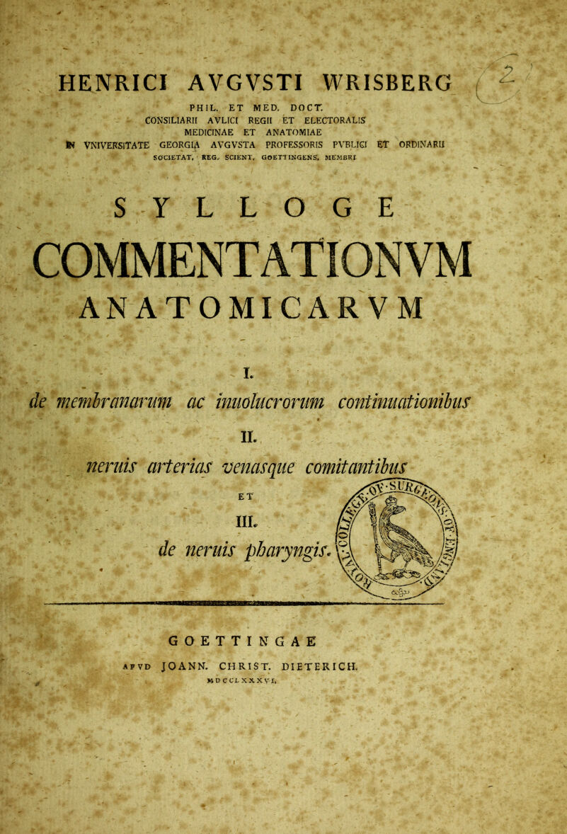 HENRICI AVGVSTI WRISBERG PHIL. ET MED, DOCT. CONSILIARII AVLICI REGII ET ELECTOR ALIS MEDICINAE ET ANATOMIAE flN VNIVERSITATE GEORGIA AVGVSTA PROFESSORIS PVBLIGI ET ORDINARII SOCIETAT, AEG, SCIENT. GOETTINGENS. MEMBRI S Y L L O G E ■ #• *•* * -■ , ' v ANATOMICAR VM GOETTINGAE AFVD JOANN. CHRIST. DIETERICH.