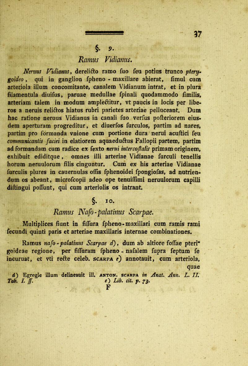 / 37 §. 9. Ramus Vidianus. Nemus Vidianus, dereli&o ramo fuo feu potias trunco ptery- , qui in ganglion fpbeno - maxillare abierat, fimul cum arteriola illum concomitante, canalem Vidianum intrat, et in plura filamentula diuifus, paruae medullae fpinali quodammodo fimilis, arteriam talem in modum ampleftitur, vt paucis in locis per libe- ros a neruis reliftos hiatus rubri parietes arteriae pelluceant. Dum hac ratione neruus Vidianus in canali fuo verfus pofteriorem eius- dem aperturam progreditur, et diuerfos furculos, partim ad nares, partim pro formanda vnione cum portione dura nerui acuftici feu communicantis faciei in elatiorem aquaedu&us Fallopii partem, partim ad formandam cum radice ex fexto nerui intercoftatis primam originem, exhibuit ediditque, omnes ilii arteriae Vidianae furculi tenellis horum neruulorum filis cinguntur. Cum ex his arteriae Vidianae furculis plures in cauernulas offis fphenoidei fpongiofas, ad nutrien- dum os abeant, microfcopii adeo ope tenuiffimi neruulorum capilli diftingui poffunt, qui cum arteriolis os intrant. tmm ■ ■■ t i . ,* - M §• IO. Ramus Nafo- palatinus Scarpae. r ' ' • - • •• * / •’ • * ' I Multiplices fiunt in fiffura fpheno-maxillari cum ramis rami fecundi quinti paris et arteriae maxillaris internae combinationes. Ramus nafo - palatinus Scarpae d), dum ab altiore foffae pteri goideae regione, per fifluram fpheno - nafalem fupra feptum fe incuruat, et vti refte celeb. scarpa e) annotauit, cum arteriola, quae d) Egregie illum delineauit ill. anton. scarpa in AnaU Ann. X. II. Tab. I. J[. e') Lib. cit, p. 73. F