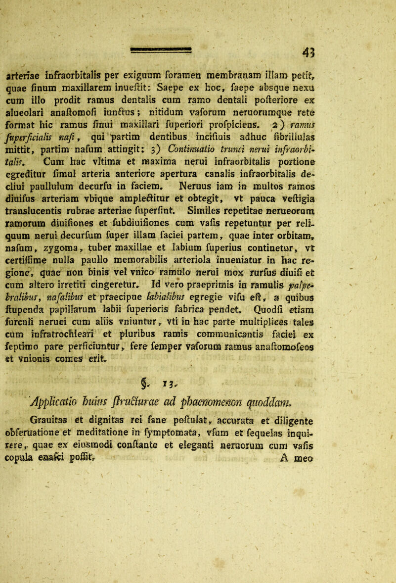 45 arteriae infraorbitalis per exiguam foramen membranam illam petit, quae finum maxillarem inueffit: Saepe ex hoc, faepe absque nexu cum illo prodit ramus dentalis cum ramo dentali pofteriore ex alueolari anaflomofi iunftus; nitidum vaforum neruorumque rete format hic ramus finui maxillari fuperiori profpiciens» 2) ramus fuperficialis naft, qui partim dentibus incifmis adhuc fibrillulas mittit, partim nafum attingit; 3) Continuatio trunci nam tnfraorbU tatis* Cum hac vltima et maxima nerui infraorbitalis portione egreditur ftmul arteria anteriore apertura canalis infraorbitalis de» cliui paulMum decurfu in faciem. Neruus iam in multos ramos diuifus arteriam vbique ampleftitur et obtegit, vt pauca veftigia translucentis rubrae arteriae fuperfmt. Similes repetitae nem eorum ramorum diuifiones et fubdiuifiones cum vafis repetuntur per reli- quum nerui decurfum fuper illam faciei partem, quae inter orbitam* nafum, zygoma, tuber maxillae et labium fuperius continetur, vt certiffime nulla paullo memorabilis arteriola inneniatur in hac re- gione, quae non binis vel vnrca ramulo nerui mox rurfus diuifi et cum altero irretiti cingeretur. Id vero praeprirais in ramulis palpe- bralibus, mfatibm et praecipue labialibus egregie vifu eft, a quibus ftupenda papillarum labii fuperioris fabrica pendet. Quodfi etiam furcali neruei cum aliis vniuntur, vti in hac parte multiplices tales cum infratrochleari et pluribus ramis communicantis faciei ex feptimo pare perficiuntur, fere femper vaforum ramus anaftomofeos tt vnionis comes erit. vj i. _ .. 1 . ^ \ §. 13* 'Applicatio fium JlruCturae ad phaenomenon quoddam. Grauitas et dignitas rei fane pofiulat, accurata et diligente obferuatione et meditatione in fymptomata, vfum et fequeks inqui- rere,, quae ex eiu&modi conflante efe eleganti nemorum cum vafis copula eaafti poffit* A meo r