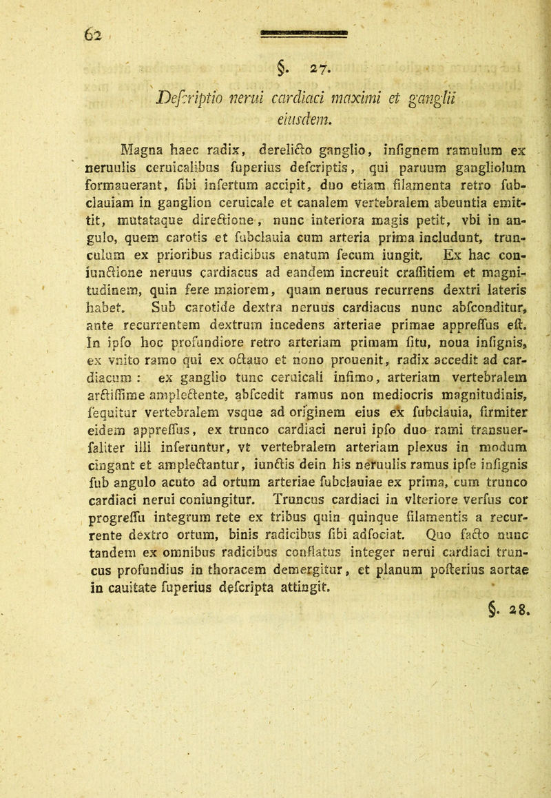 §• 27. Defcriptio nerui cardiaci maximi et ganglii eiusdem. Magna haec radix, dereli&o ganglio, infignem ramulum ex cernulis ceruicalibos fuperius defcriptis, qai paruum gangliolum formauerant, fibi infertum accipit, duo etiam filamenta retro fub- ciauiam in ganglion cemicale et canalem vertebralem abeuntia emit- tit, mutata que direftione, nunc interiora magis petit, vbi in an- gulo, quem carotis et fubclauia cum arteria prima includunt, trun- culum ex prioribus radicibus enatum fecum iungit. Ex hac con- iunftione nemus cardiacus ad eandem increuit craffifciem et magni- tudinem, quin fere maiorem, quam nemus recurrens dextri lateris haberi Sub carotide dextra neruus cardiacus nunc abfconditur, ante recurrentem dextrum incedens arteriae primae apprelfus efh In ipfo hoc profundiore retro arteriam primam fitu, noua infigms, ex vulto ramo qui ex oftauo et nono prouenit, radix accedit ad car- diacum : ex ganglio tunc ceruicati infimo, arteriam vertebralem arftiffime ample&ente, abfcedit ramus non mediocris magnitudinis, fequitur vertebralem vsque ad originem eius ex fubclauia, firmiter eidem appreffus, ex trunco cardiaci nerui ipfo duo rami transuer- faliter illi inferuntur, vfc vertebralem arteriam plexus in modum cingant et ampleftantur, iunftis dein his neruulis ramus Ipfe infignis fub angulo acuto ad ortum arteriae fubciauiae ex prima, cum trunco cardiaci nerui coniungitur. Truncus cardiaci in vlteriore verfus cor progreffu integrum rete ex tribus quin quinque filamentis a recur- rente dextro ortum, binis radicibus fibi ad fodari Quo facto n unc tandem ex omnibus radicibus conflatus integer nerui cardiaci trun- cus profundius in thoracem demergitur, et planum pofterius aortae in cauifcate fuperius defcripta attingit §. 28.