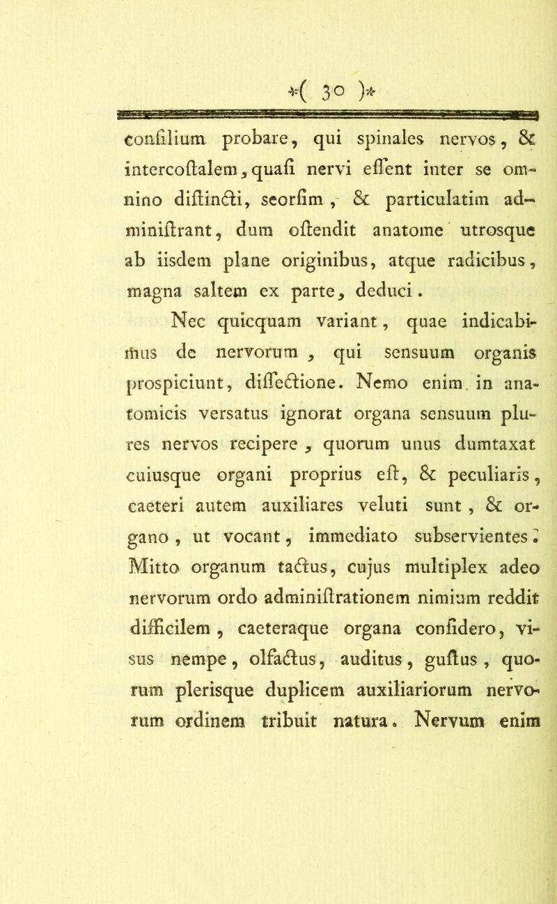 *( 3° )* coniilium probare, qui spinales nervos, & intercoftalem, quali nervi effient inter se om- nino diltin£ti, seorlim, & particulatim ad- miniflrant, dura oftendit anatome utrosque ab iisdem plane originibus, atque radicibus, magna saltem ex parte, deduci. Nec quicquam variant, quae indicabi- mus de nervorum , qui sensuum organis prospiciunt, diffieftione. Nemo enim, in ana- tomicis versatus ignorat organa sensuum plu- res nervos recipere , quorum unus dumtaxat cuiusque organi proprius effi, & peculiaris, caeteri autem auxiliares veluti sunt , & or- gano , ut vocant, immediato subservientes 2 Mitto organum taflus, cujus multiplex adeo nervorum ordo adminiil rationem nimium reddit difficilem , caeteraque organa coniidero, vi- sus nempe , olfadlus, auditus , gullus , quo- rum plerisque duplicem auxiliariorum nervo- rum ordinem tribuit natura. Nervum enim