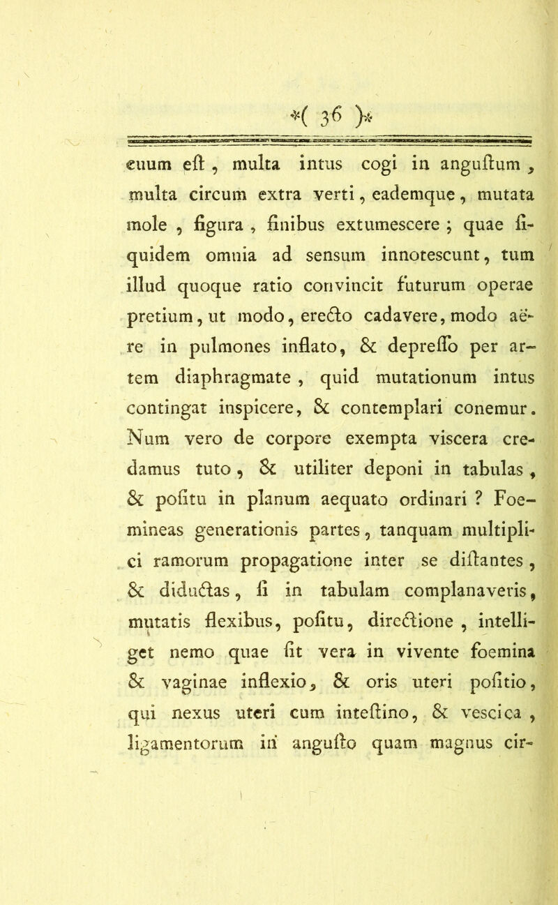 euum eft , multa intus cogi in angultum , multa circum extra verti, eademque , mutata mole , figura , finibus extumescere ; quae fi- quidem omnia ad sensum innotescunt, tum illud quoque ratio convincit futurum operae pretium, ut modo, eredfo cadavere, modo ae- re in pulmones inflato, & depreflo per ar- tem diaphragmate , quid mutationum intus contingat inspicere, St contemplari conemur. Num vero de corpore exempta viscera cre- damus tuto, 8c utiliter deponi in tabulas , & politu in planum aequato ordinari ? Foe- mineas generationis partes, tanquam multipli- ci ramorum propagatione inter se diflantes, & didu&as, fi in tabulam complanaveris, mutatis flexibus, politu, direftione , intelli- get nemo quae fit vera in vivente foemina & vaginae inflexio, & oris uteri politio, qui nexus uteri cum inteftino, & vesci ca , ligamentorum iri angulto quam magnus cir-