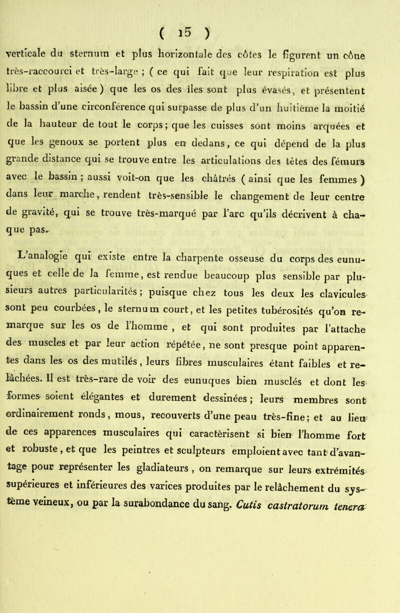 verticale du sternum et plus horizontale des cotes le figurent un cène très-raccourci et très-large ; ( ce qui fait que leur respiration est plus libre et plus aisée) que les os des lies sont plus évasés, et présentent le bassin d’une circonférence qui surpasse de plus d’un huitième la moitié de la hauteur de tout le corps; que les cuisses sont moins arquées et que les genoux se portent plus en dedans, ce qui dépend de la plus grande distance qui se trouve entre les articulations des tètes des fémurs avec le bassin ; aussi voit-on cjue les châtrés ( ainsi que les femmes ) aans leur marche, rendent très-sensible le changement de leur centre de gravité, qui se trouve très-marqué par l’arc qu’ils décrivent à cha- que pas. L’analogie qui existe entre la charpente osseuse du corps des eunu- ques et celle de la femme, est rendue beaucoup plus sensible par plu- sieuis autres particularités ; puisque chez tous les deux les clavicules sont peu courbées, le sternum court, et les petites tubérosités qu’on re- marque sur les os de 1 homme , et qui sont produites par l’attache des muscles et par leur action répétée, ne sont presque point apparen- tes dans les os des mutilés, leurs fibres musculaires étant faibles et re- lâchées. Il est très—rare de voir des eunuques bien musclés et dont les formes soient élégantes et durement dessinées ; leurs membres sont ordinairement ronds, mous, recouverts d’une peau très-fine; et au lieu de ces apparences musculaires qui caractérisent si bien l’homme fort et robuste, et que les peintres et sculpteurs emploient avec tant d’avan- tage pour représenter les gladiateurs , on remarque sur leurs extrémités^ supérieures et inférieures des varices produites par le relâchement du sys- tème veineux, ou par la surabondance du sang. Cutis castratorum tenera