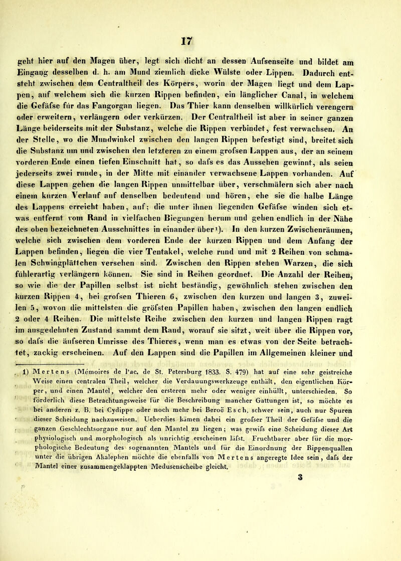 geht hier auf den Magen über, legt sich dicht an dessen Aufsenseite und bildet am Eingang desselben d. h. am Mund ziemlich dicke Wülste oder Lippen. Dadurch ent- steht zwischen dem Centraltheil des Körpers, worin der Magen liegt und dem Lap- pen, auf welchem sich die kurzen Rippen befinden, ein länglicher Canal, in welchem die Gcfäfse für das Fangorgan liegen. Das Thier kann denselben willkürlich verengern oder erweitern, verlängern oder verkürzen. Der Centraltheil ist aber in seiner ganzen Länge beiderseits mit der Substanz, welche die Rippen verbindet, fest verwachsen. An der Stelle, wo die Mundwinkel zwischen den langen Rippen befestigt sind, breitet sich die Substanz um und zwischen den letzteren zu einem grofsen Lappen aus, der an seinem vorderen Ende einen tiefen Einschnitt hat, so dafs es das Aussehen gewinnt, als seien jederseits zwei runde, in der Mitte mit einander verwachsene Lappen vorhanden. Auf diese Lappen gehen die langen Rippen unmittelbar über, verschmälern sich aber nach einem kurzen Verlauf auf denselben bedeutend und hören, ehe sie die halbe Länge des Lappens erreicht haben, auf; die unter ihnen liegenden Gefäfsc winden sich et- was entfernt vom Rand in vielfachen Biegungen herum und gehen endlich in der Nähe des oben bezeichneten Ausschnittes in einander über1). In den kurzen Zwischenräumen, welche sich zwischen dem vorderen Ende der kurzen Rippen und dem Anfang der Lappen befinden, liegen die vier Tentakel, welche rund und mit 2 Reihen von schma- len Schwingplättchen versehen sind. Zwischen den Rippen stehen Warzen, die sich fühlerartig verlängern können. Sie sind in Reihen geordnet. Die Anzahl der Reihen, so wie die der Papillen selbst ist nicht beständig, gewöhnlich stehen zwischen den kurzen Rippen 4, bei grofsen Thieren 6, zwischen den kurzen und langen 3, zuwei- len 5, wovon die mittelsten die gröfsten Papillen haben, zwischen den langen endlich 2 oder 4 Reihen. Die mittelste Reihe zwischen den kurzen und langen Rippen ragt im ausgedehnten Zustand sammt dem Rand, w'orauf sie sitzt, weit über die Rippen vor, so dafs die äufseren Umrisse des Thieres, wenn man es etwas von der Seite betrach- tet, zackig erscheinen. Auf den Lappen sind die Papillen im Allgemeinen kleiner und , 1) Mertens (Memoires de l’ac. de St. Petersburg 1833. S. 479) bat auf eine sehr geistreiche Weise einen centralen Theil, welcher die Verdauungswerkzeuge enthält, den eigentlichen Kör- per, und einen Mantel, welcher den ersteren mehr oder weniger einhüllt, unterschieden. So förderlich diese Betrachtungsweise für die Beschreibung mancher Gattungen ist, so möchte es bei anderen z. B. bei Cydippe oder noch mehr bei Beroe Esch, schwer sein, auch nur Spuren dieser Scheidung nachzuweisen. Ueberdies kämen dabei ein grofser Theil der Gefäfse und die ganzen Geschlechtsorgane nur auf den Mantel zu liegen; was gewifs eine Scheidung dieser Art physiologisch und morphologisch als unrichtig erscheinen läfst. Fruchtbarer aber für die mor- phologische Bedeutung des sogenannten Mantels und für die Einordnung der Rippenquallen unter die übrigen Akalephen möchte die ebenfalls von Mertens angeregte Idee sein, dafs der Mantel einer zusammengeklappten Medusenscheibe gleicht. 3