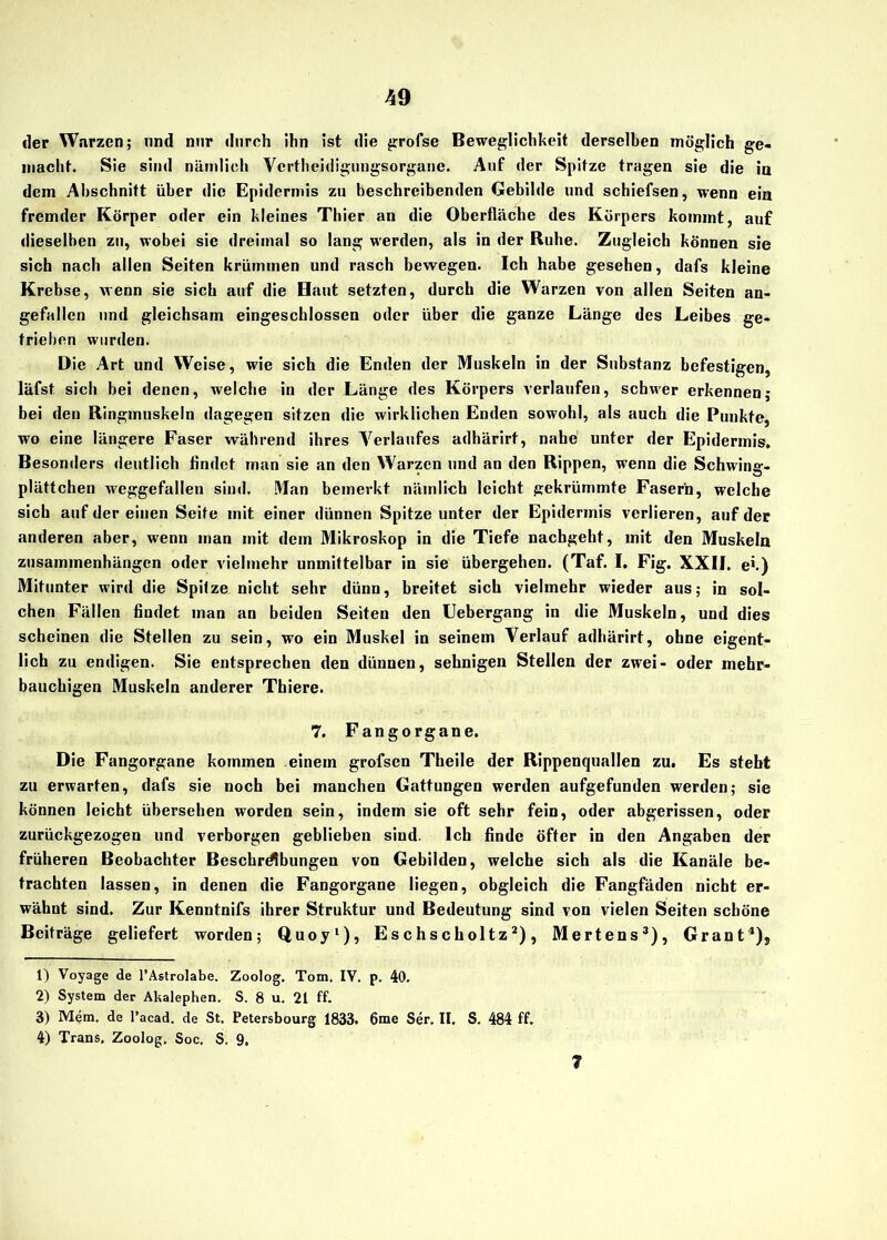 der Warzen; und nur durch ihn ist die grofse Beweglichkeit derselben möglich ge- wacht. Sie sind nämlich Vcrtheidigungsorgane. Auf der Spitze tragen sie die in dem Abschnitt über die Epidermis zu beschreibenden Gebilde und schiefsen, wenn ein fremder Körper oder ein kleines Thier an die Oberfläche des Körpers kommt, auf dieselben zu, wobei sie dreimal so lang werden, als in der Ruhe. Zugleich können sie sich nach allen Seiten krümmen und rasch bewegen. Ich habe gesehen, dafs kleine Krebse, wenn sie sich auf die Haut setzten, durch die Warzen von allen Seiten an- gefallen und gleichsam eingeschlossen oder über die ganze Länge des Leibes ge- trieben wurden. Die Art und Weise, wie sich die Enden der Muskeln in der Substanz befestigen, läfst sich bei denen, welche in der Länge des Körpers verlaufen, schwer erkennen; bei den Ringmuskeln dagegen sitzen die wirklichen Enden sowohl, als auch die Punkte, wo eine längere Faser während ihres Verlaufes adhärirt, nahe unter der Epidermis. Besonders deutlich findet man sie an den Warzen und an den Rippen, wenn die Schwing- plättchen weggefallen sind. Man bemerkt nämlich leicht gekrümmte Fasern, welche sich auf der einen Seite mit einer dünnen Spitze unter der Epidermis verlieren, auf der anderen aber, wenn man mit dem Mikroskop in die Tiefe naebgeht, mit den Muskeln Zusammenhängen oder vielmehr unmittelbar in sie übergehen. (Taf. I. Fig. XXII. e».) Mitunter wird die Spitze nicht sehr dünn, breitet sich vielmehr wieder aus; in sol- chen Fällen findet man an beiden Seiten den Uebergang in die Muskeln, und dies scheinen die Stellen zu sein, wo ein Muskel in seinem Verlauf adhärirt, ohne eigent- lich zu endigen. Sie entsprechen den dünnen, sehnigen Stellen der zwei- oder mehr- bauchigen Muskeln anderer Thiere. 7. Fangorgane. Die Fangorgane kommen einem grofsen Theile der Rippenquallen zu. Es steht zu erwarten, dafs sie noch bei manchen Gattungen werden aufgefunden werden; sie können leicht übersehen worden sein, indem sie oft sehr fein, oder abgerissen, oder zurückgezogen und verborgen geblieben sind. Ich finde öfter in den Angaben der früheren Beobachter Beschreibungen von Gebilden, welche sich als die Kanäle be- trachten lassen, in denen die Fangorgane liegen, obgleich die Fangfäden nicht er- wähnt sind. Zur Kenntnifs ihrer Struktur und Bedeutung sind von vielen Seiten schöne Beiträge geliefert worden; Quoy1), Eschscholtz2), Mertens3), Grant4), 1) Voyage de l’Astrolabe. Zoolog. Tom. IV. p. 40. 2) System der Akalephen. S. 8 u. 21 ff. 3) Mem. de l’acad. de St. Petersbourg 1833. 6me Ser. II. S. 484 ff. 4) Trans, Zoolog. Soc. S, 9. 7