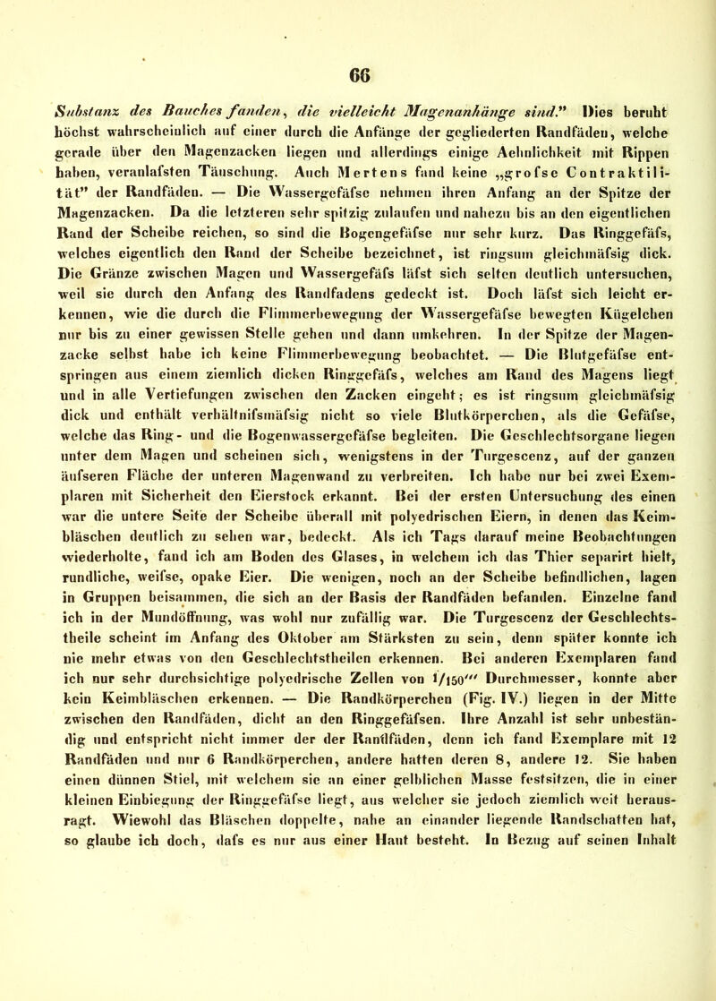 Substanz des Rauches fanden, die vielleicht Magenanhänge sind.” Dies beruht höchst wahrscheinlich auf einer durch die Anfänge der gegliederten Randfäden, welche gerade über den Magenzacken liegen und allerdings einige Aelmlichkeit mit Rippen haben, veranlafsten Täuschung. Auch Mertens fand keine „grofsc Contraktili- tät” der Randfäden. — Die Wassergefäfsc nehmen ihren Anfang an der Spitze der Magenzacken. Da die letzteren sehr spitzig zulaufen und nahezu bis an den eigentlichen Rand der Scheibe reichen, so sind die Bogcngefäfse nur sehr kurz. Das Ringgefäfs, welches eigentlich den Rand der Scheibe bezeichnet, ist ringsum gleichmäfsig dick. Die Gränze zwischen Magen und Wassergefäfs läfst sich selten deutlich untersuchen, weil sie durch den Anfang des Randfadens gedeckt ist. Doch läfst sich leicht er- kennen, wie die durch die Flimmerbewegung der Wassergefäfsc bewegten Kügelchen nur bis zu einer gewissen Stelle gehen und dann umkehren. In der Spitze der Magen- zacke selbst habe ich keine Flimmerbewegung beobachtet. — Die Blutgefäfse ent- springen aus einem ziemlich dicken Ringgefäfs, welches am Rand des Magens liegt und in alle Vertiefungen zwischen den Zacken eingeht; es ist ringsum gleichmäfsig dick und enthält verhältnifsmäfsig nicht so viele Blutkörperchen, als die Gefäfse, welche das Ring- und die Bogenwassergefäfse begleiten. Die Geschlechtsorgane liegen unter dem Magen und scheinen sich, wenigstens in der Turgescenz, auf der ganzen äufseren Fläche der unteren Magenwand zu verbreiten. Ich habe nur bei zwei Exem- plaren mit Sicherheit den Eierstock erkannt. Bei der ersten Untersuchung des einen war die untere Seite der Scheibe überall mit polyedrischen Eiern, in denen das Keim- bläschen deutlich zu sehen war, bedeckt. Als ich Tags darauf meine Beobachtungen wiederholte, fand ich am Boden des Glases, in welchem ich das Thier separirt hielt, rundliche, weifse, opake Eier. Die wenigen, noch an der Scheibe befindlichen, lagen in Gruppen beisammen, die sich an der Basis der Randfäden befanden. Einzelne fand ich in der Mundöffnung, was wohl nur zufällig war. Die Turgescenz der Geschlechts- theile scheint im Anfang des Oktober am Stärksten zu sein, denn später konnte ich nie mehr etwas von den Geschlechtstheilcn erkennen. Bei anderen Exemplaren fand ich nur sehr durchsichtige polycdrische Zellen von l/i50' Durchmesser, konnte aber kein Keimbläschen erkennen. — Die Randkörperchen (Fig. IV.) liegen in der Mitte zwischen den Randfäden, dicht an den Ringgefäfsen. Ihre Anzahl ist sehr unbestän- dig und entspricht nicht immer der der Rantlfäden, denn ich fand Exemplare mit 12 Randfäden und nur 6 Randkörperchen, andere hatten deren 8, andere 12. Sie haben einen dünnen Stiel, mit welchem sie an einer gelblichen Masse festsitzen, die in einer kleinen Einbiegung der Ringgefäfsc liegt, aus welcher sie jedoch ziemlich weit heraus- ragt. Wiewohl das Bläschen doppelte, nahe an einander liegende Randschatten hat, so glaube ich doch, dafs es nur aus einer Haut besteht. In Bezug auf seinen Inhalt