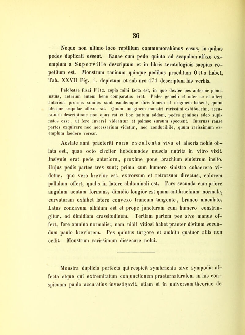 Neque non ultimo loco reptilium commemorabimus Casus, in quibus pedes duplicati essent. Ranae cum pede quinto ad scapulam affixo ex- emplum a Superville descriptum et in libris teratologicis saepius re- petitum est. Monstrum raninum quinque pedibus praeditum Otto habet, Tab. XXVII Fig. 1. depictum et sub nro 474 descriptum his verbis. Pelobatae fusci Fitz, copia mihi facta est, in quo dexter pes anterior gemi- natus, ceterum autem bene comparatus erat. Pedes gemelli et inter se et alteri anteriori prorsus similes sunt eandemque directionem et originem habent, quum uterque scapulae afßxus sit. Quum imaginem monstri rarissimi exhibuerim, accu- ratiore descriptione non opus est et hoc tantum addam, pedes geminos adeo supi- natos esse, ut fere inversi videantur et palmae sursum spectent. Internas ranae partes exquirere nec necessarium videtur, nec conducibile, quum rarissimum ex- emplum laedere verear. Aestate anni praeteriti rana esculenta viva et alacris nobis ob- lata est, quae octo circiter hebdomades muscis nutrita in vitro vixit. Insignis erat pede anteriore, proxime pone brachium sinistrum insito. Hujus pedis partes tres sunt; prima cum humero sinistro cohaerere vi- detur, quo vero brevior est, extrorsum et retrorsum directus, colorem pallidum offert, qualis in latere abdominali est. Pars secunda cum priore angulum acutum formans, dimidio longior est quam antibrachium normale, curvaturam exhibet latere convexo truncum tangente, bruneo maculato. Latus concavum albidum est et prope juncturam cum humero constrin- gitur, ad dimidiam crassitudinem. Tertiam partem pes sive manus of- fert, fere omnino normalis; nam nihil vitiosi habet praeter digitum secun- dum paulo breviorem. Pes quintus turgore et ambitu quatuor aliis non cedit. Monstrum rarissimum dissecare nolui. Monstra duplicia perfecta qui respicit symbrachia sive sympodia af- fecta atque qui extremitatum conjunctionem praeternaturalem in his con- spicuam paulo accuratius investigavit, etiam si in Universum theoriae de