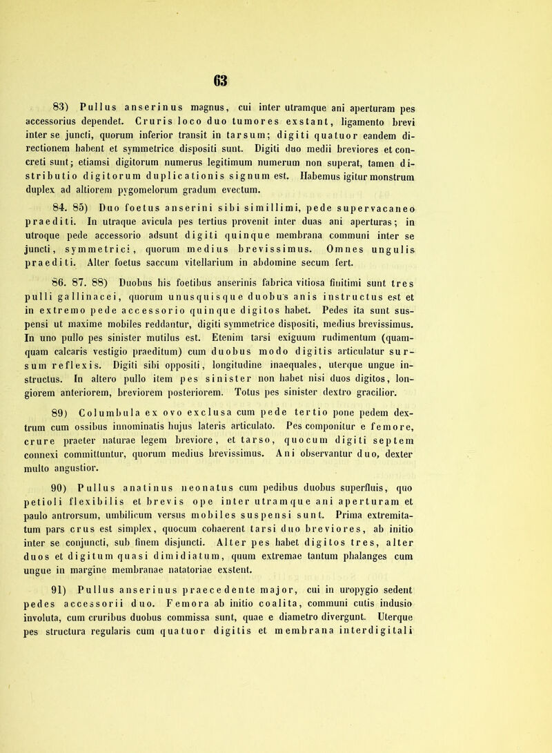 83) Pullus anserinus magnus, cui inter utramque ani aperturam pes accessorius dependet. Cruris loco duo tumores exstant, ligamento brevi inter se juncti, quorum inferior transit in tarsum; digiti quatuor eandem di- rectionem habent et symmetrice dispositi sunt. Digiti duo medii breviores et con- creti sunt; etiamsi digitorum numerus legitimum numerum non superat, tarnen d i- stributio digitorum duplic ationis signum est. Habemus igitur monstrum duplex ad altiorem pvgomelorum gradum evectum. 84. 85) Duo foetus anserini sibi simillimi, pede supervacaneo praediti. In utraque avicula pes tertius provenit inter duas ani aperturas; in utroque pede accessorio adsunt digiti quinque membrana communi inter se juncti, symmetrici, quorum medius brevissimus. Omnes ungulis praediti. Alter foetus saccum vitellarium in abdomine secum fert. 86. 87. 88) Duobus his foetibus anserinis fabrica vitiosa finitimi sunt tres pulli gallinacei, quorum unusquisque duobus anis instructus est et in extremo pede accessorio quinque digitos habet. Pedes ita sunt sus- pensi ut maxime mobiles reddantur, digiti symmetrice dispositi, medius brevissimus. In uno pullo pes sinister mutilus est. Etenim tarsi exiguum rudimentum (quam- quam calcaris vestigio praeditum) cum duobus modo digitis articulatur sur- sum reflexis. Digiti sibi oppositi, longitudine inaequales, ulerque ungue in- structus. In altero pullo item pes sinister non habet nisi duos digitos, lon- giorem anteriorem, breviorem posteriorem. Totus pes sinister dextro gracilior. 89) Columbula ex ovo exclusa cum pede tertio pone pedem dex- trum cum ossibus innominatis hujus lateris articulato. Pes componitur e femore, crure praeter naturae legem breviore, ettarso, quocum digiti septem connexi committimtur, quorum medius brevissimus. Ani observantur duo, dexter multo angustior. 90) Pullus anatinus neonatus cum pedibus duobus superfluis, quo petioli flexibilis et brevi s ope inter utramque ani aperturam et paulo antrorsum, umbilicum versus mobiles suspensi sunt. Prima extremita- tum pars crus est simplex, quocum cohaerent tarsi duo breviores, ab initio inter se conjuncti, sub finem disjuncti. Alter pes habet digitos tres, alter duos et digitum quasi dimidiatum, quum extremae tantum phalanges cum ungue in margine membranae natatoriae exstent. 91) Pullus anserinus praecedente major, cui in uropygio sedent pedes accessorii duo. F emora ab initio coalita, communi cutis indusio involuta, cum cruribus duobus commissa sunt, quae e diametro divergunt. Uterque pes structura regularis cum quatuor digitis et membrana in ter d i g i tal i